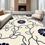 Navy Floral Vine Cream Background Rug