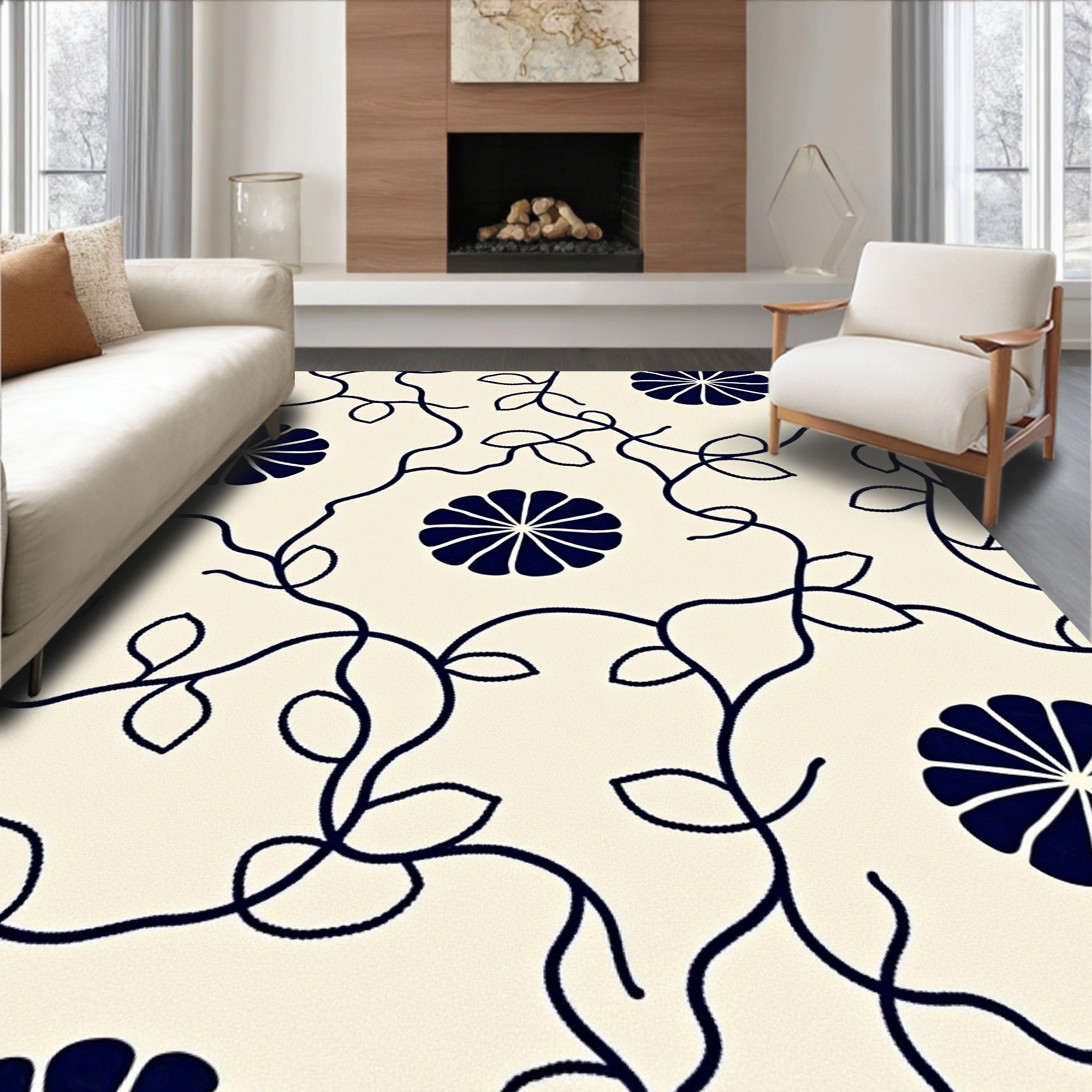 Navy Floral Vine Cream Background Rug