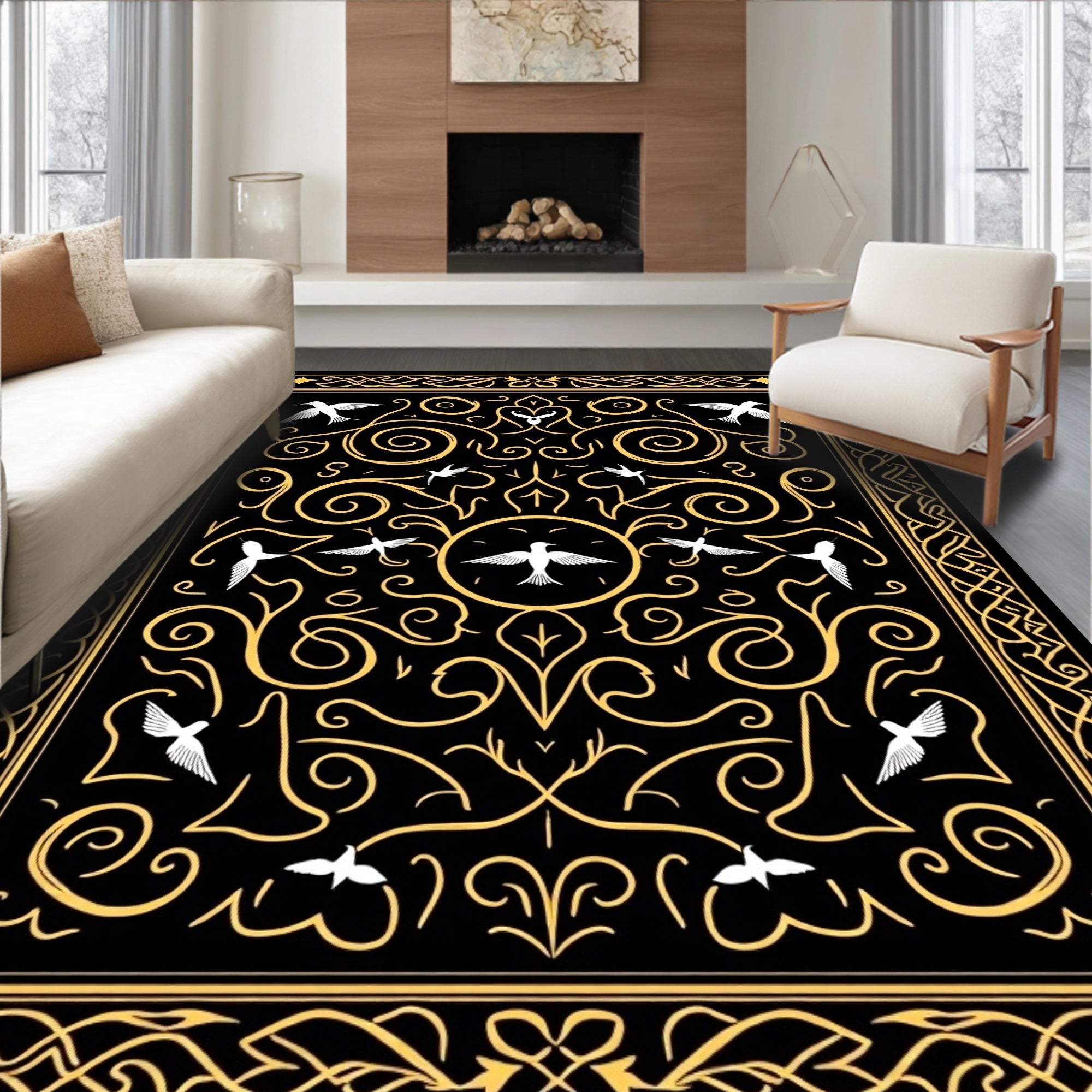 Black Gold Swirling Birds Frame Rug