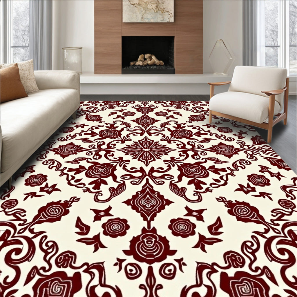 Deep Red Floral Damask Rug