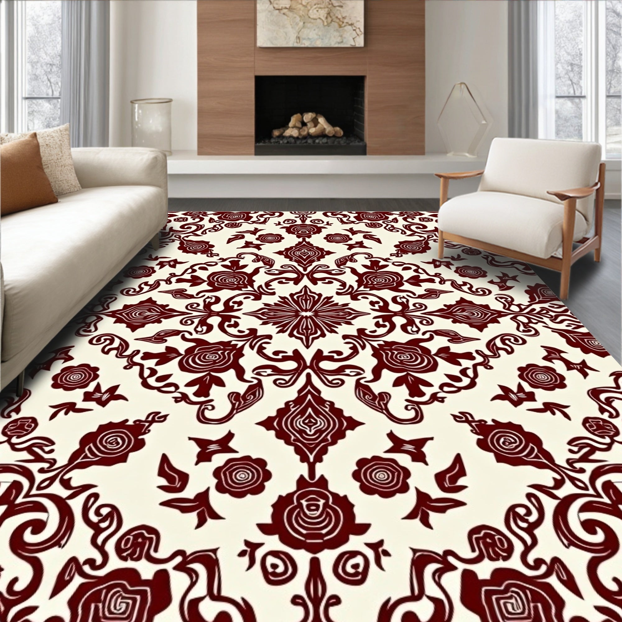 Deep Red Floral Damask Rug
