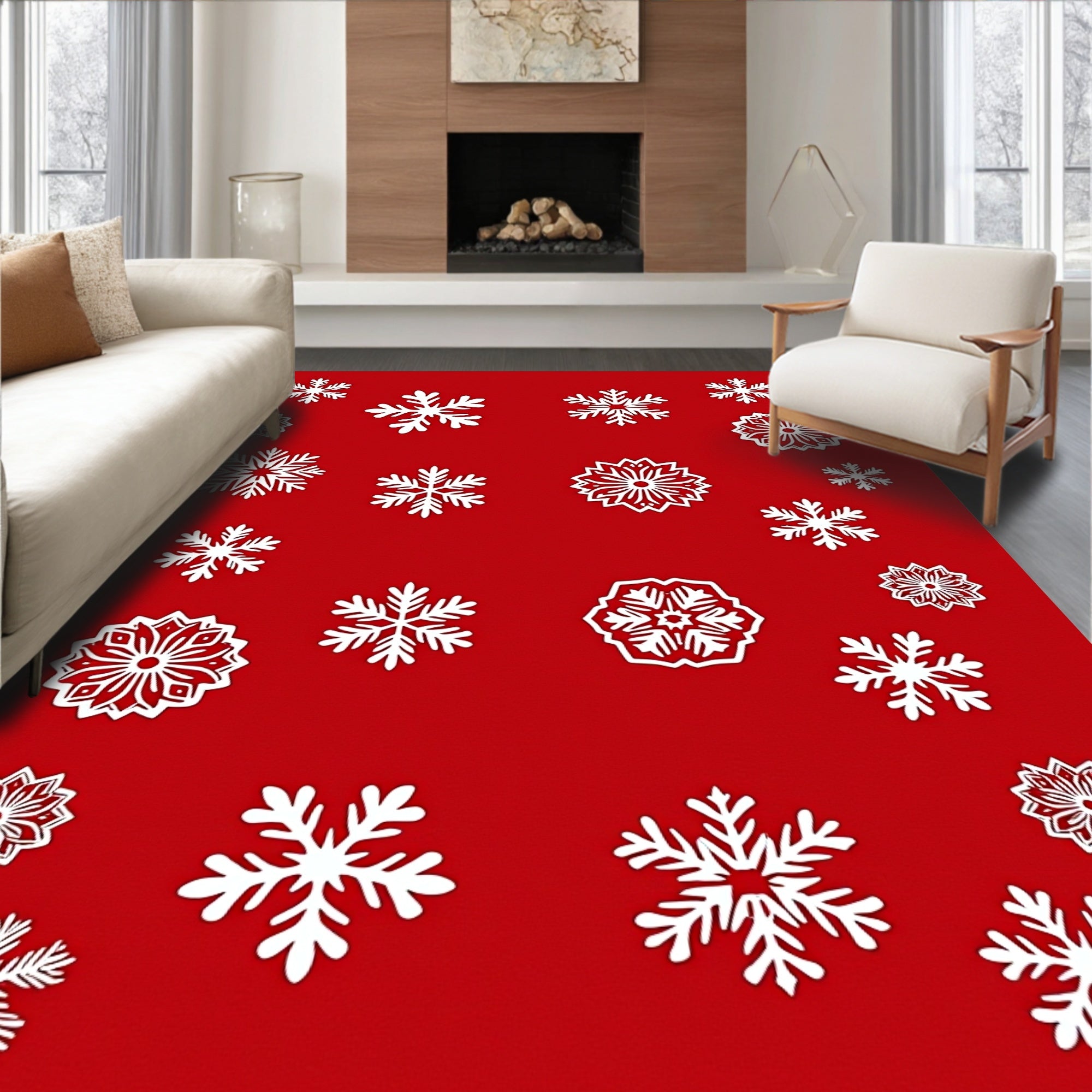 Red White Intricate Snowflake Medley Rug