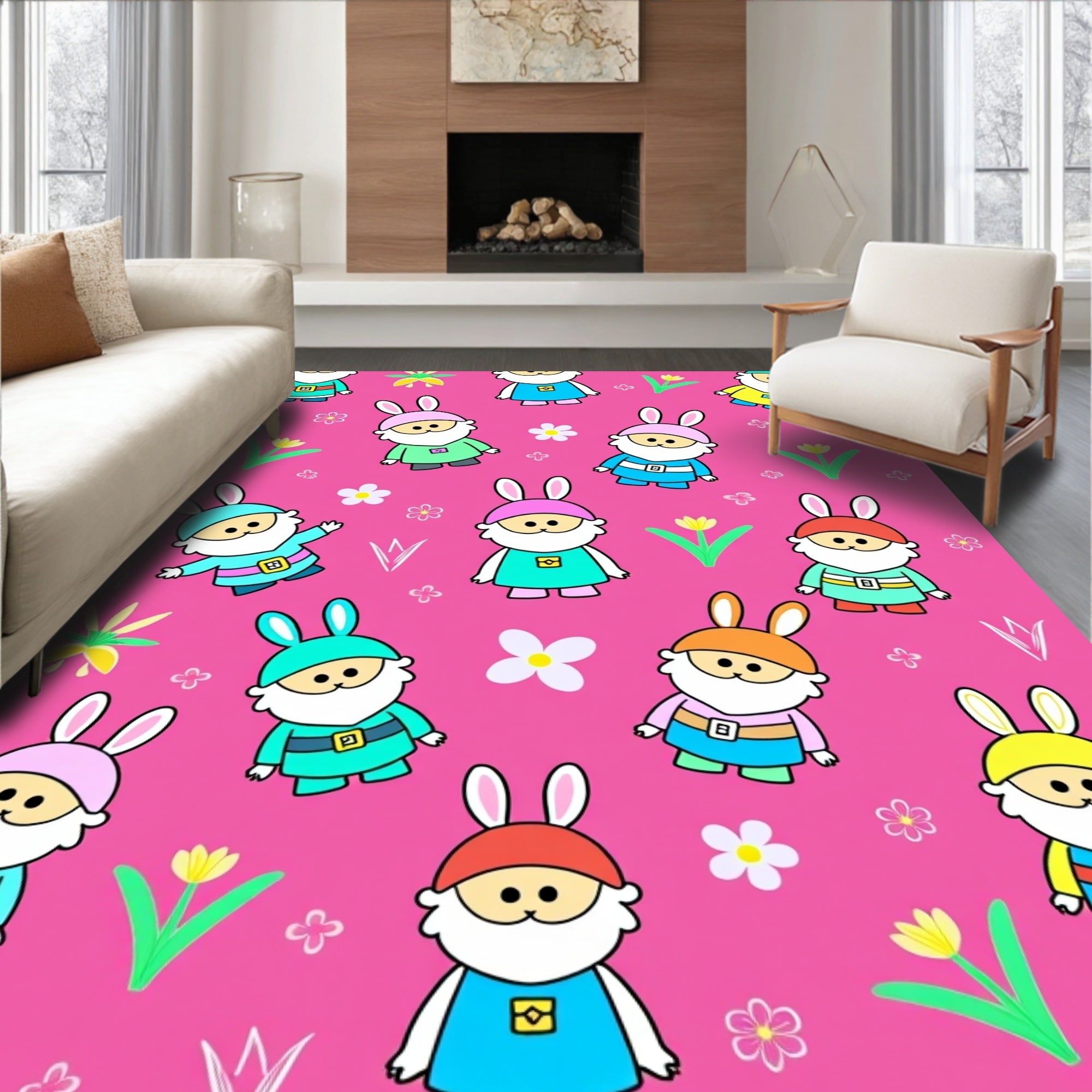 Whimsical Garden Gnomes Bunny Ears Motif Rug