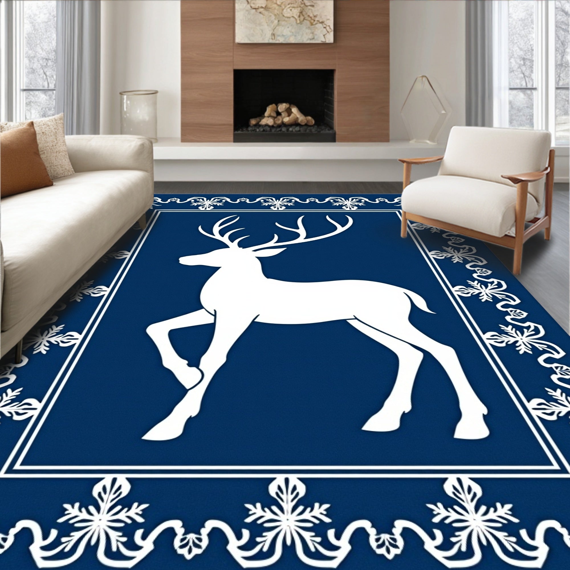 Majestic White Deer Blue Floral Border Rug