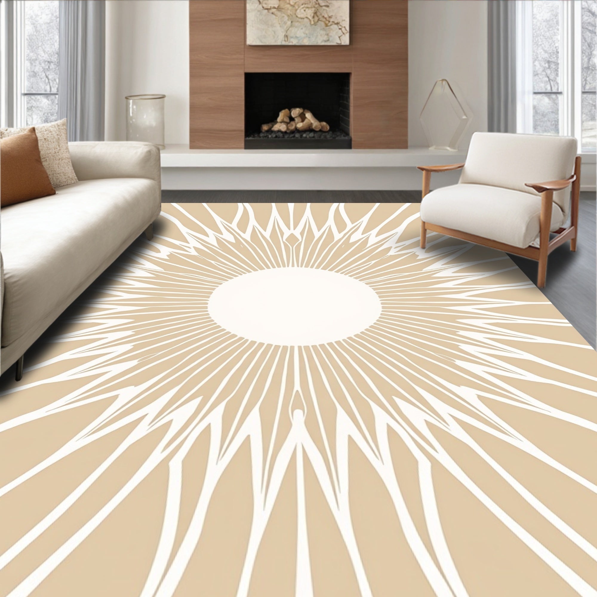 Minimalist Beige Sunburst Rays Rug
