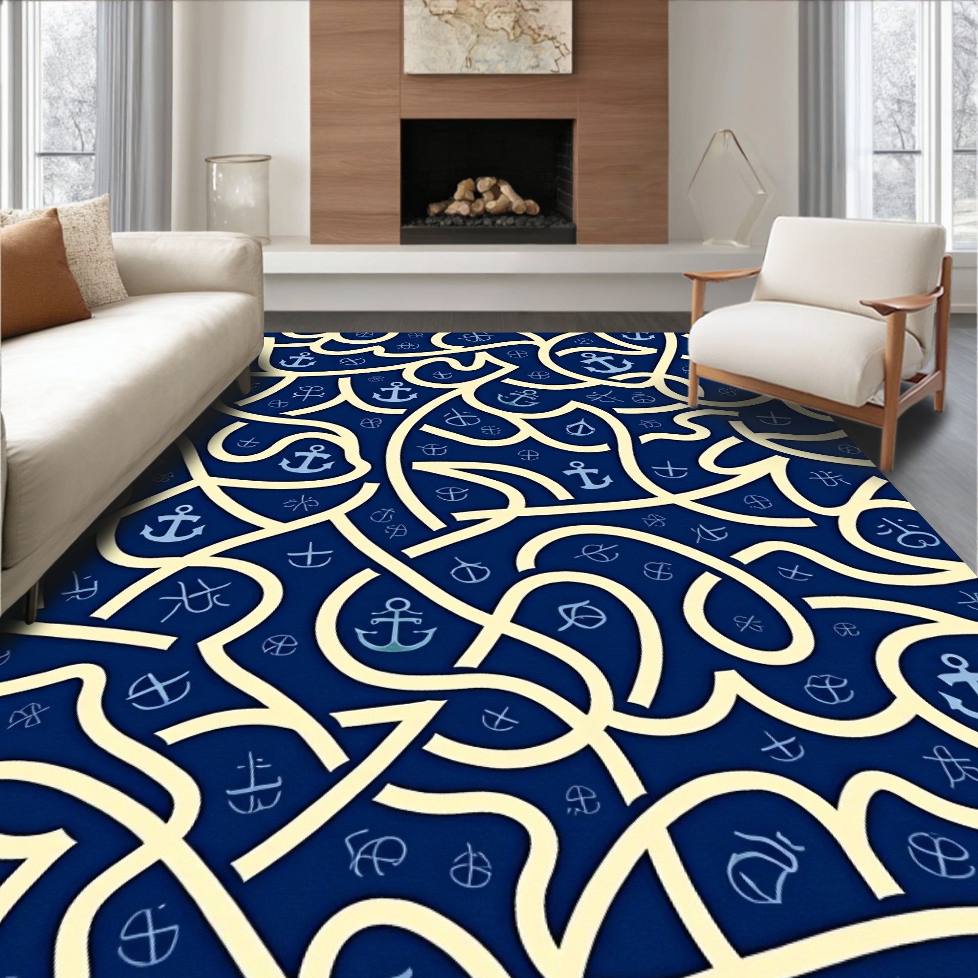 Navy Blue Anchor Nautical Weave Rug