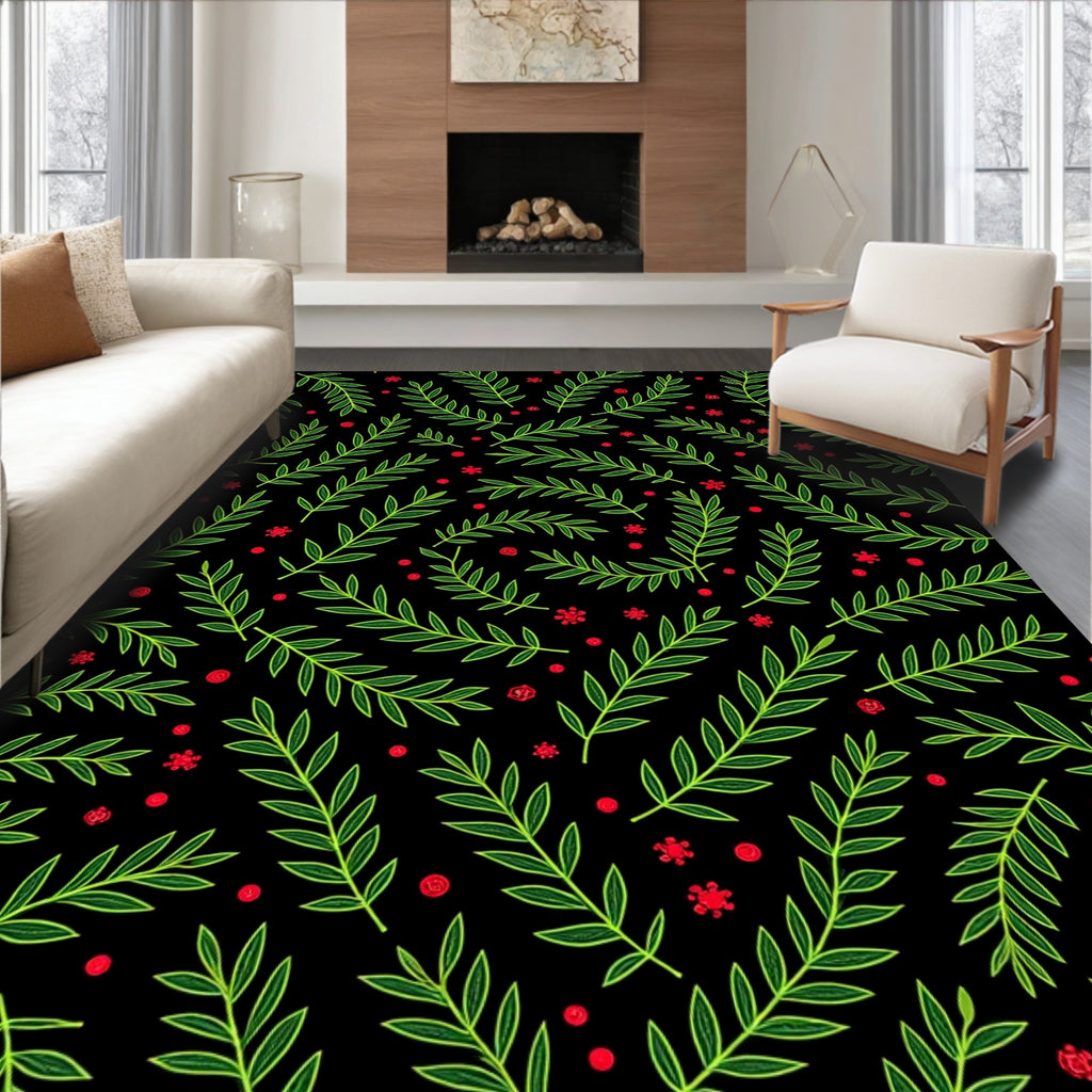 Green Leafy Branches with Red Berries Rug