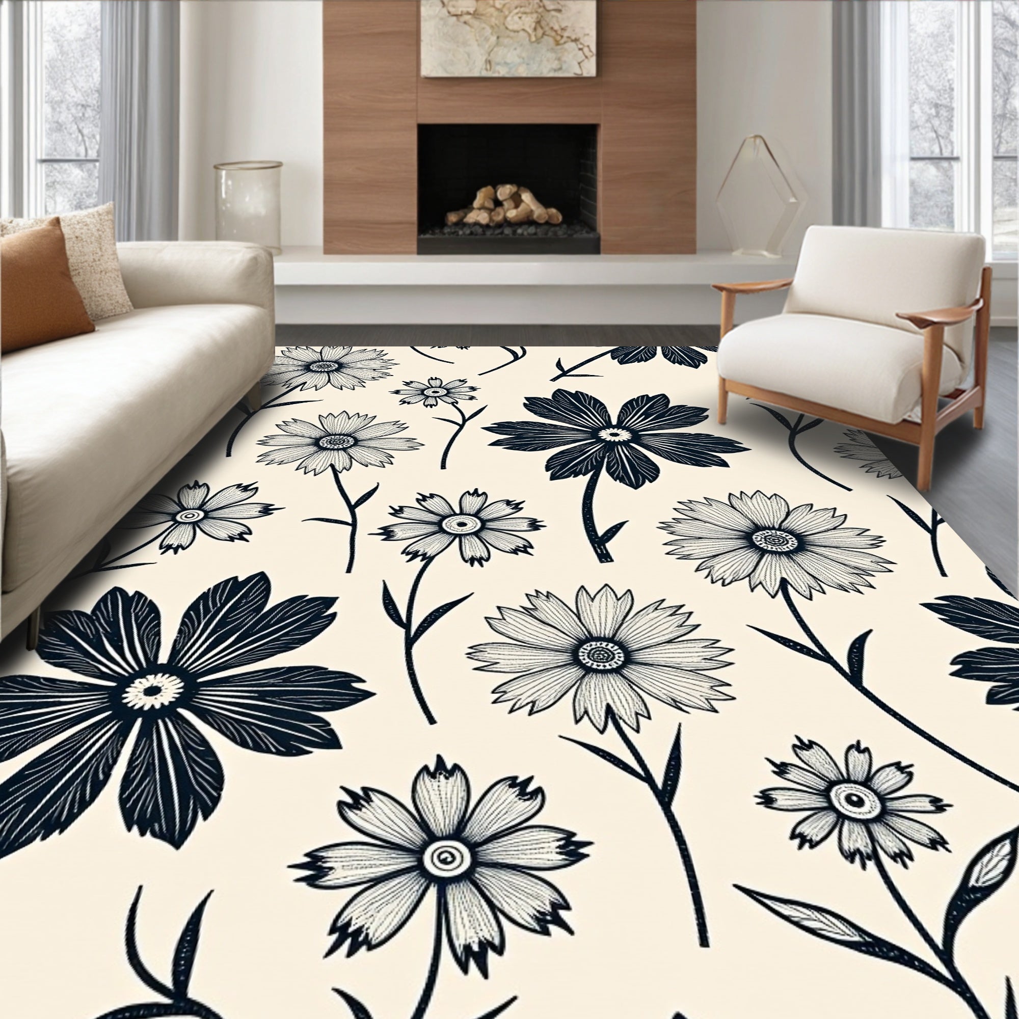 Black Floral Graphic Blossom Arrangement Rug