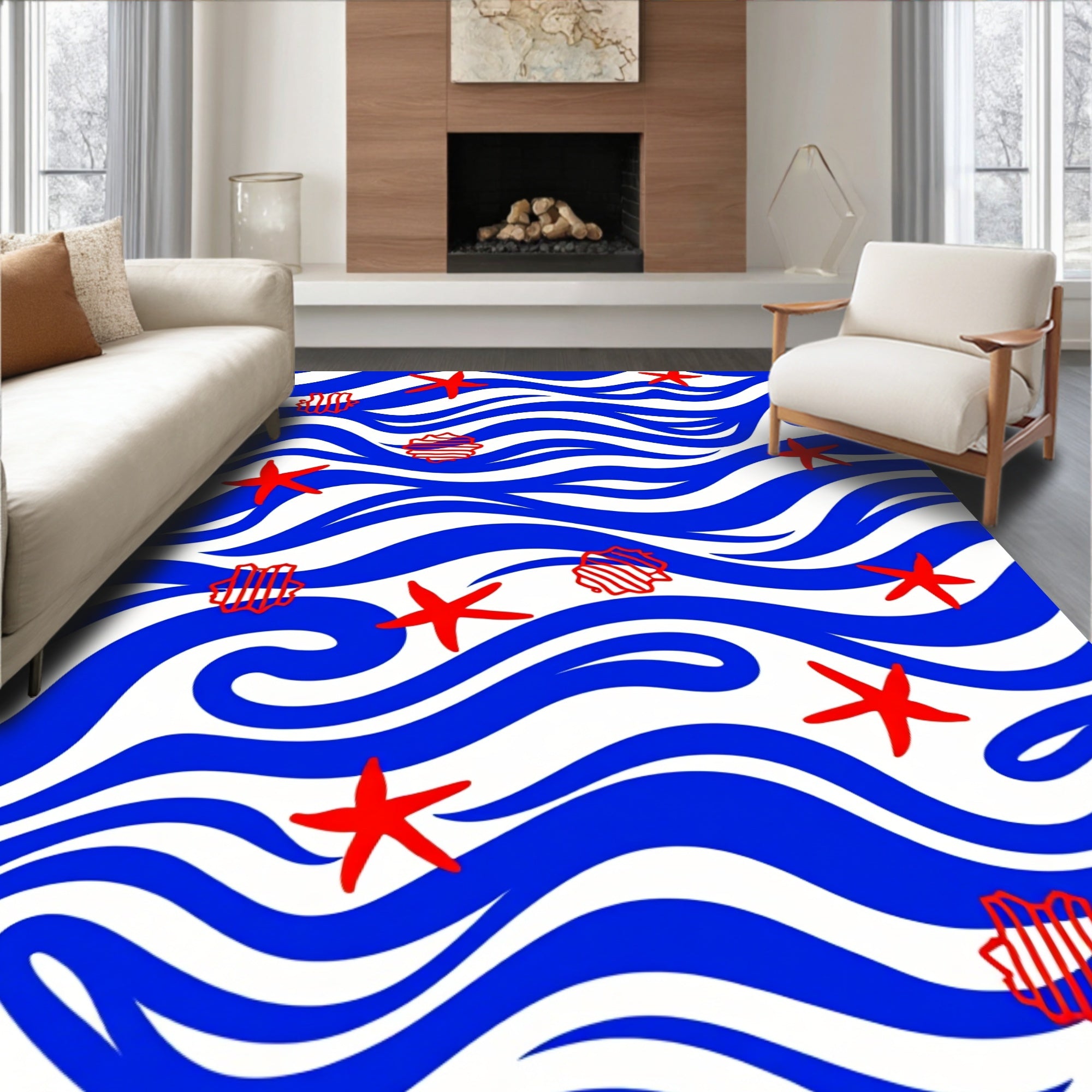 Red Starfish Blue Wave Seascape Rug