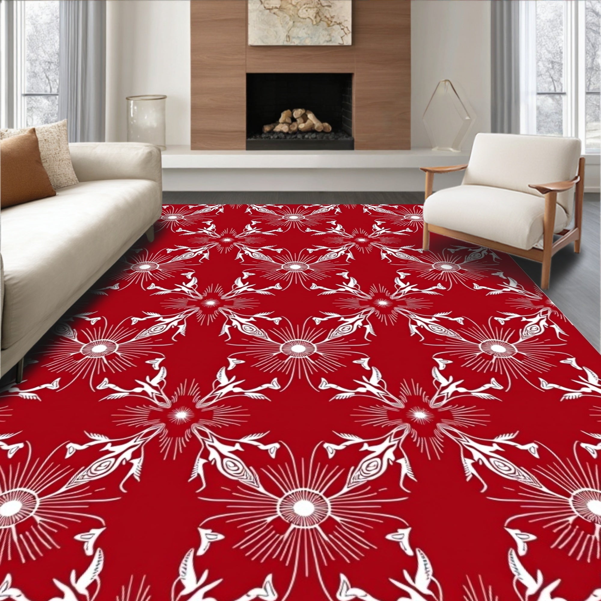 Crimson White Sunburst Medallion Rug