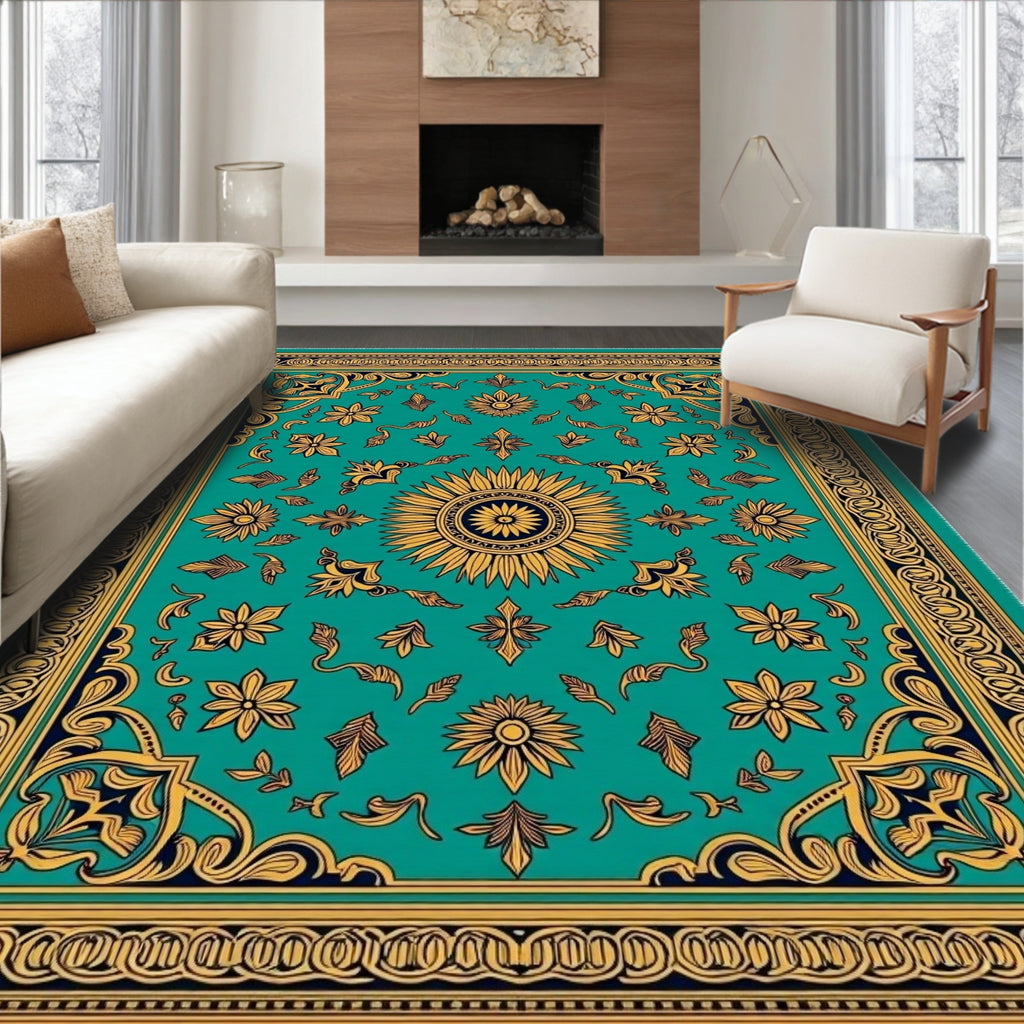 Golden Teal Floral Sunburst Medallion Rug