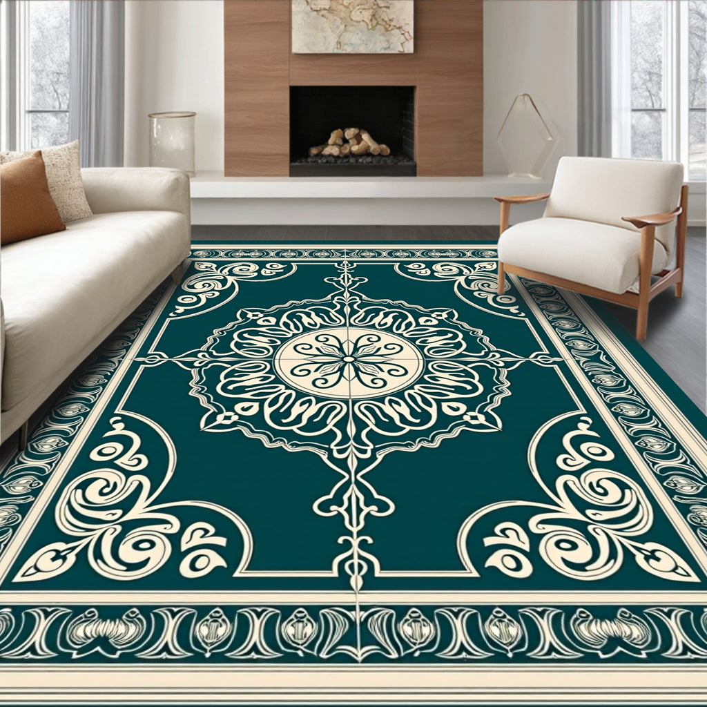 Deep Teal Ivory Ornate Medallion Rug