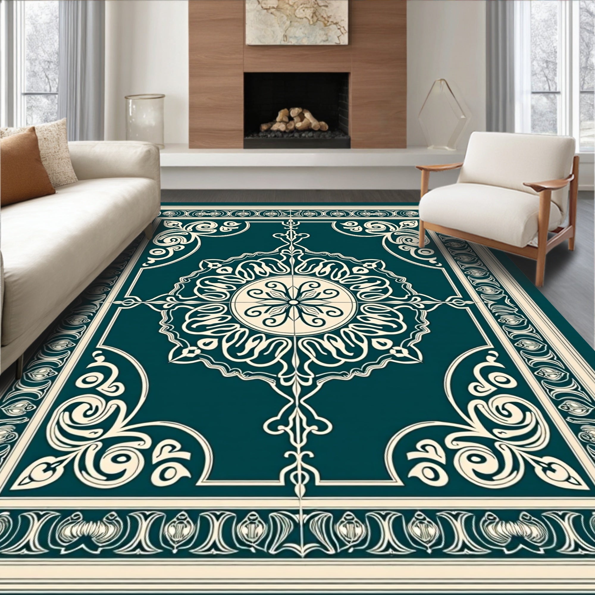 Deep Teal Ivory Ornate Medallion Rug