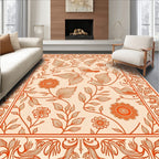 Coral Orange Avian Floral Border Rug