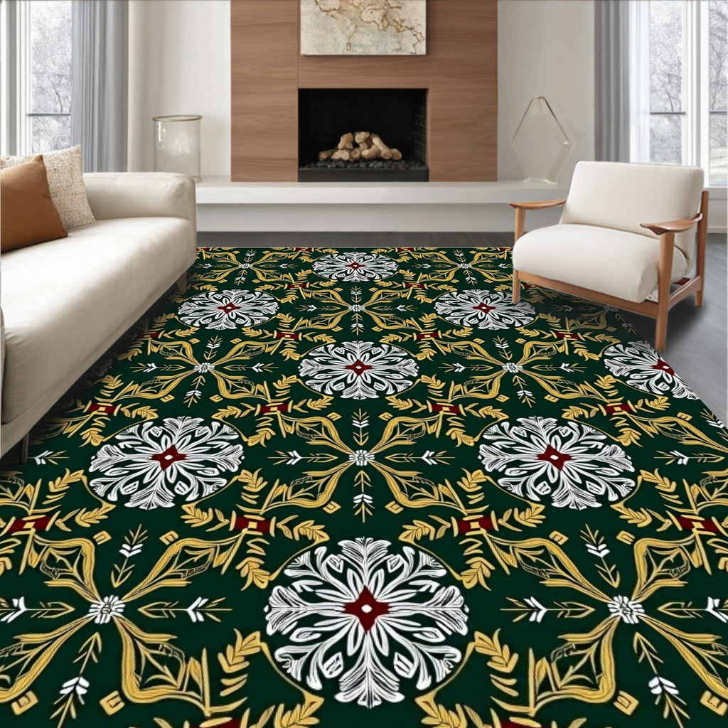 Emerald Gold White Floral Medallion Rug