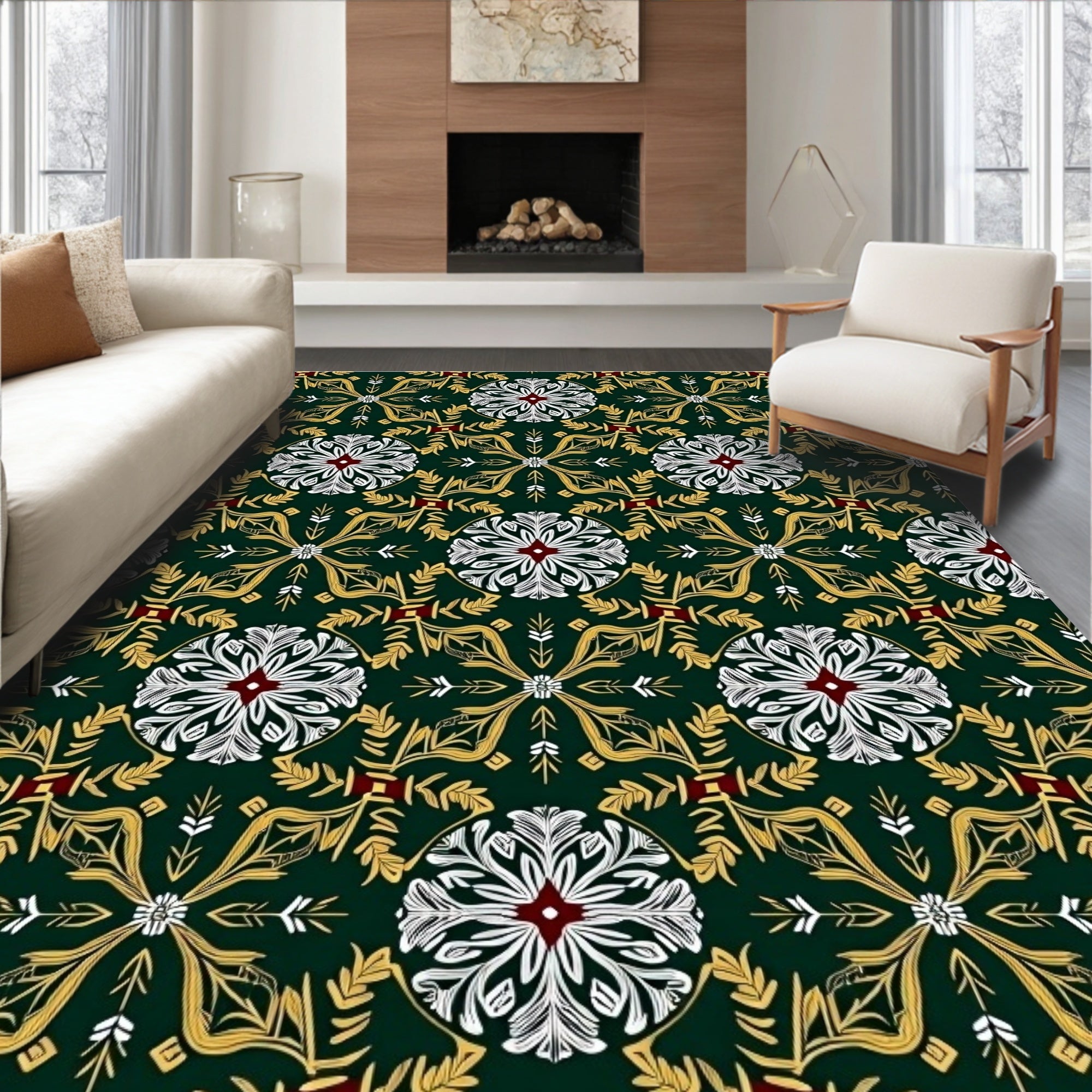 Emerald Gold White Floral Medallion Rug