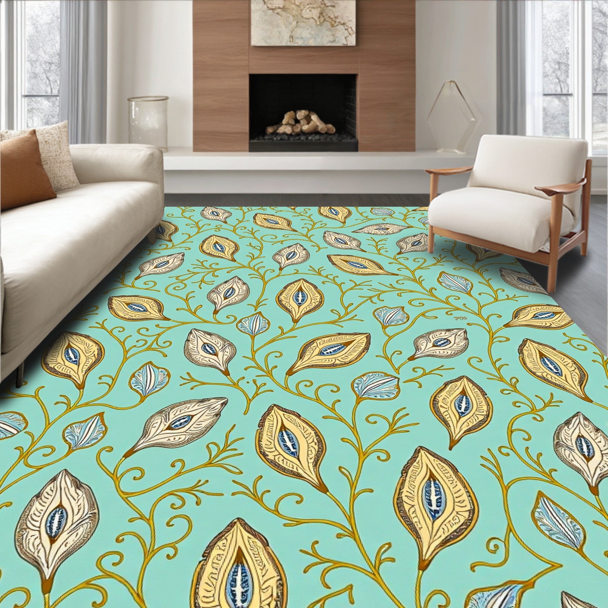Teal Gold Leafy Vine Elongated Almonds Rug