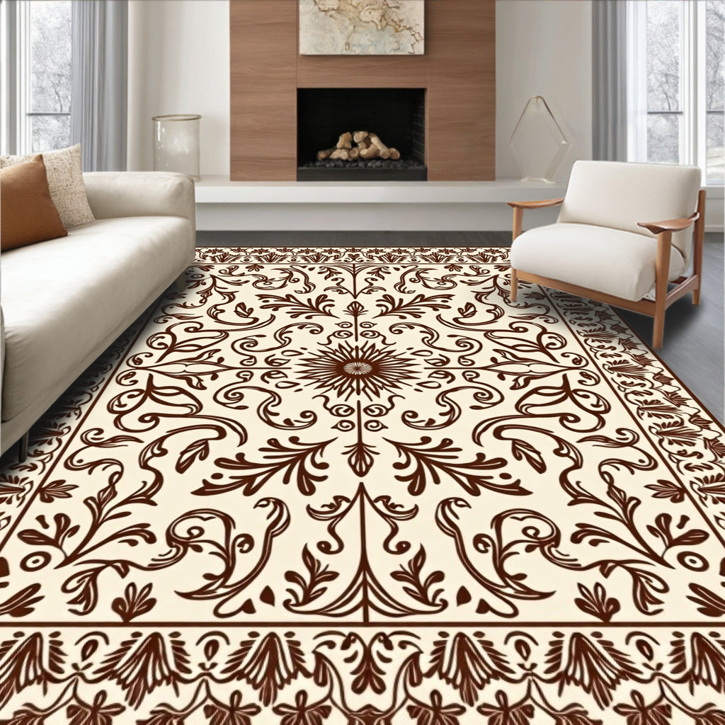 Ornate Brown Floral Scroll Medallion Rug