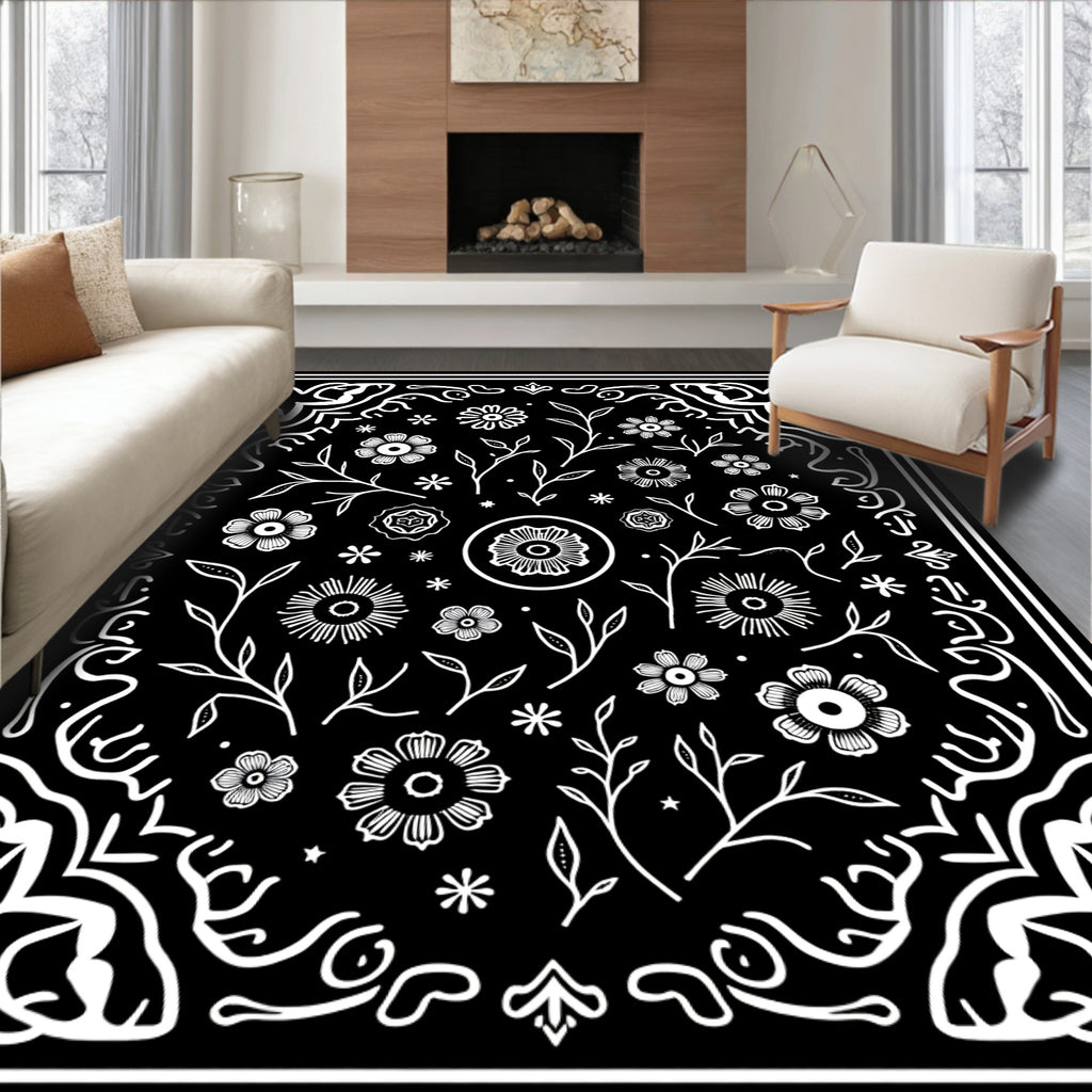 Black White Floral Botanical Artistry Rug