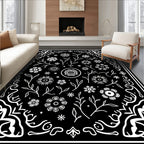 Black White Floral Botanical Artistry Rug