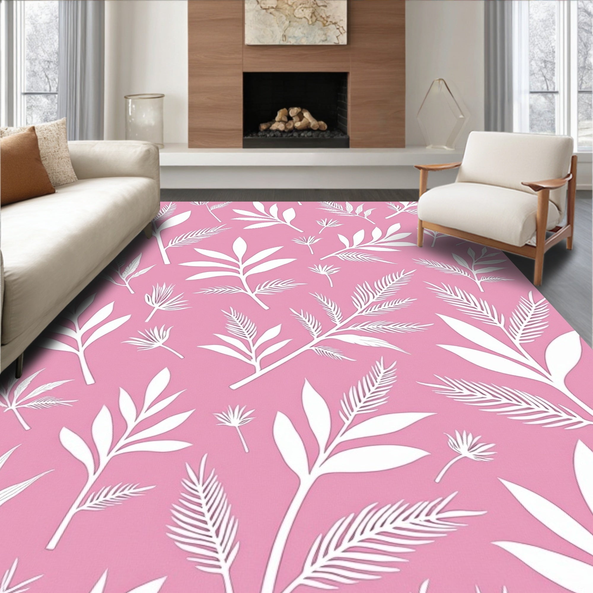 White Tropical Foliage On Pink Background Rug