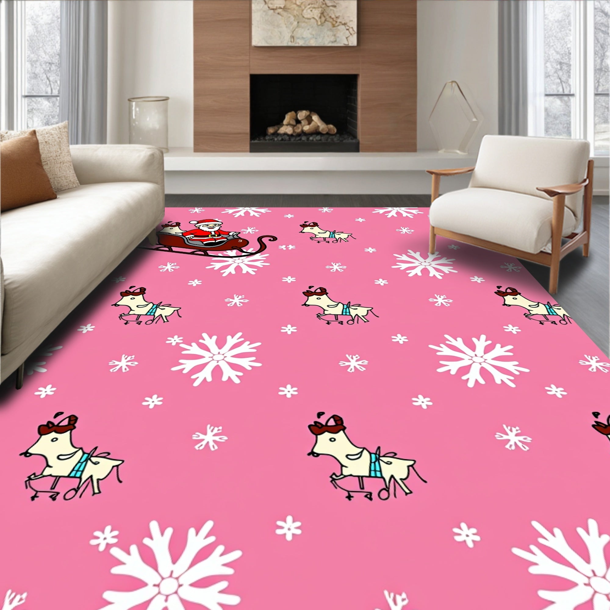 Pink Santa Sleigh Snowflake Reindeer Rug