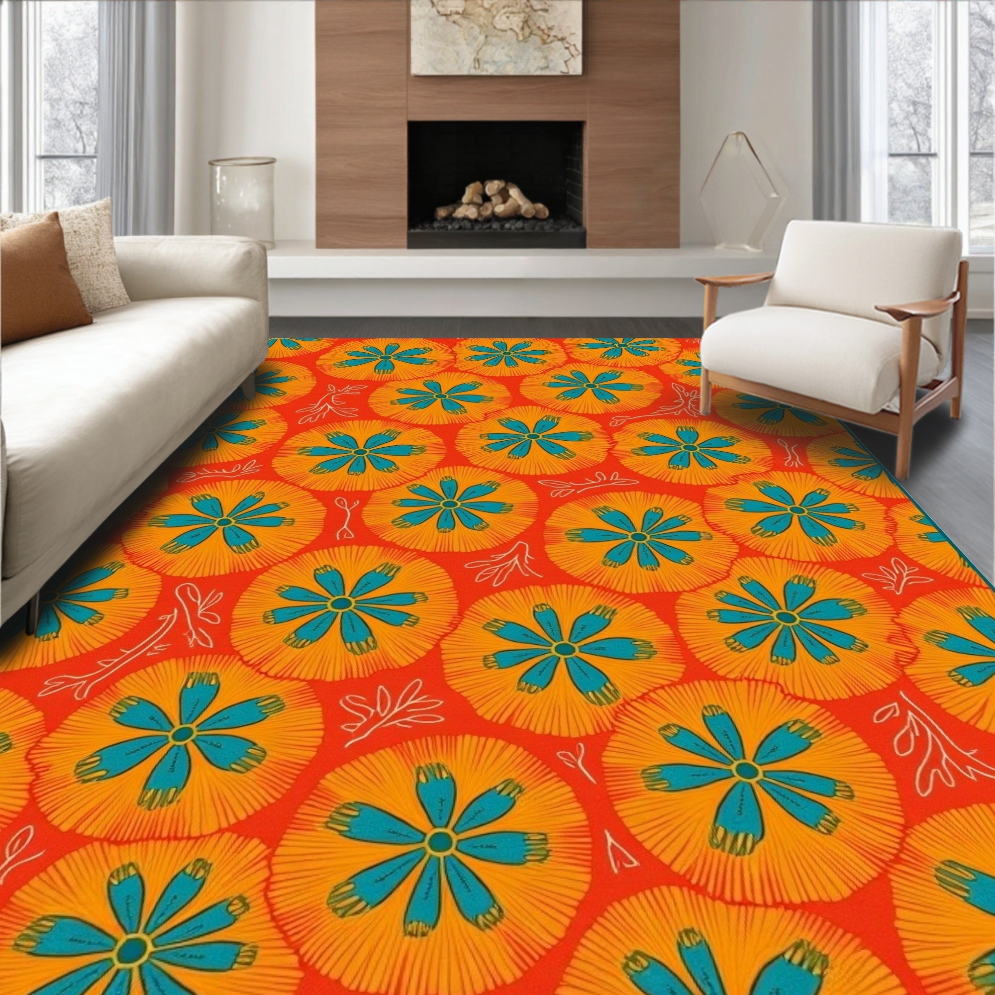 Orange Teal Floral Burst Collage Rug