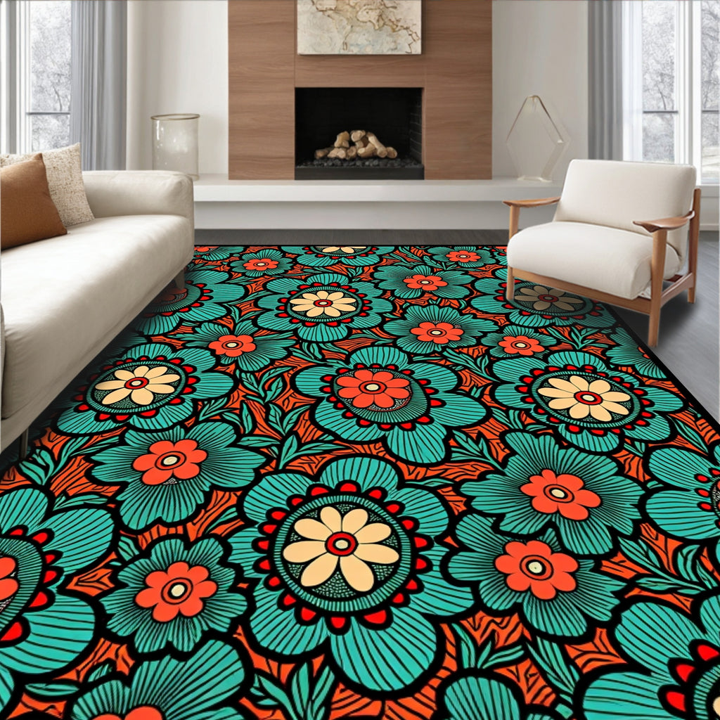 Turquoise Coral Floral Medallion Rug
