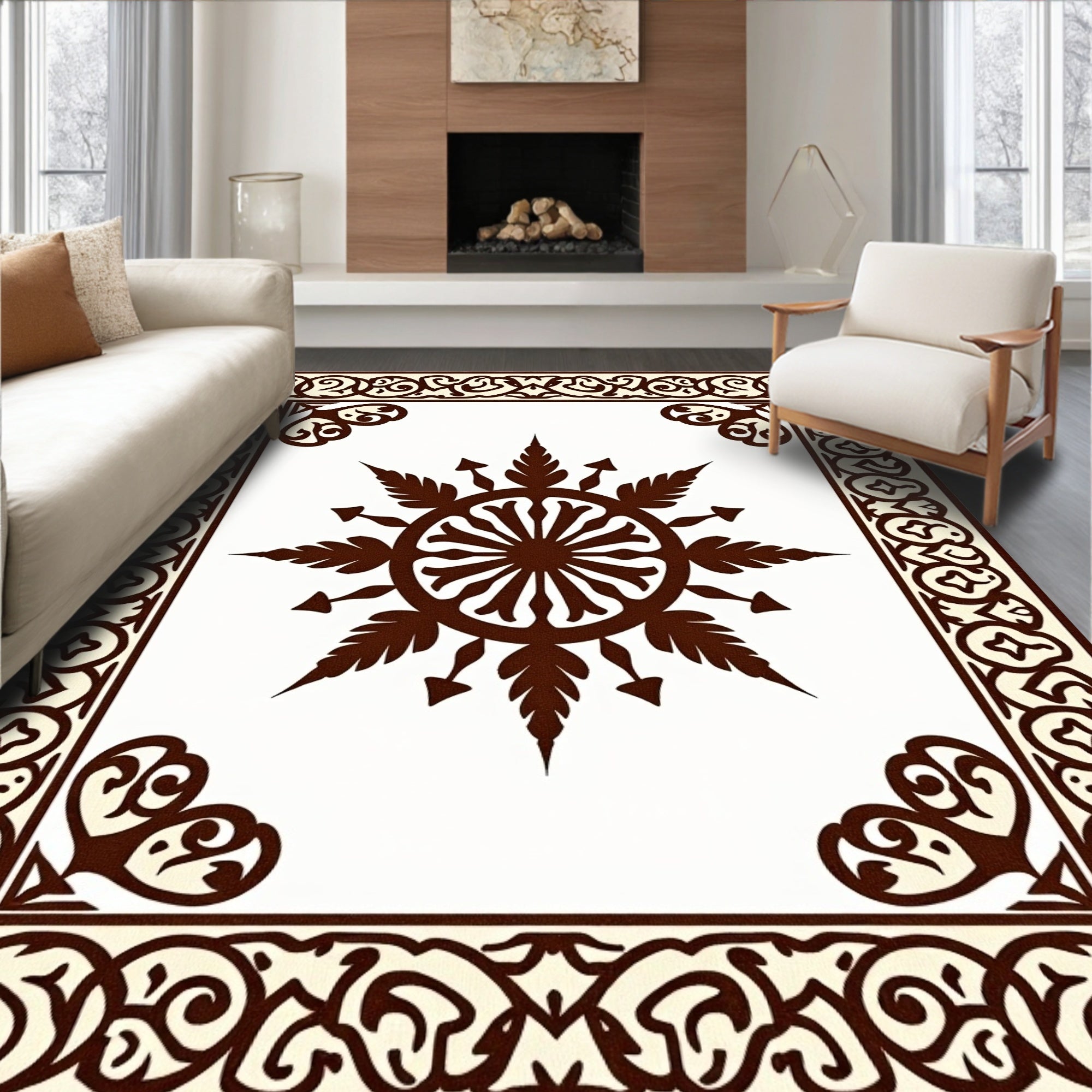 Brown Sunburst Emblem Cream Border Rug