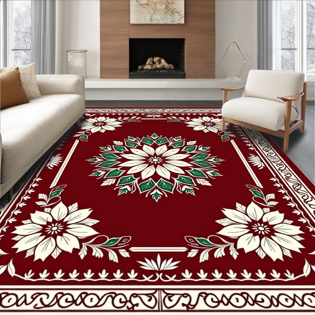 Deep Red Floral Medallion Scroll Rug