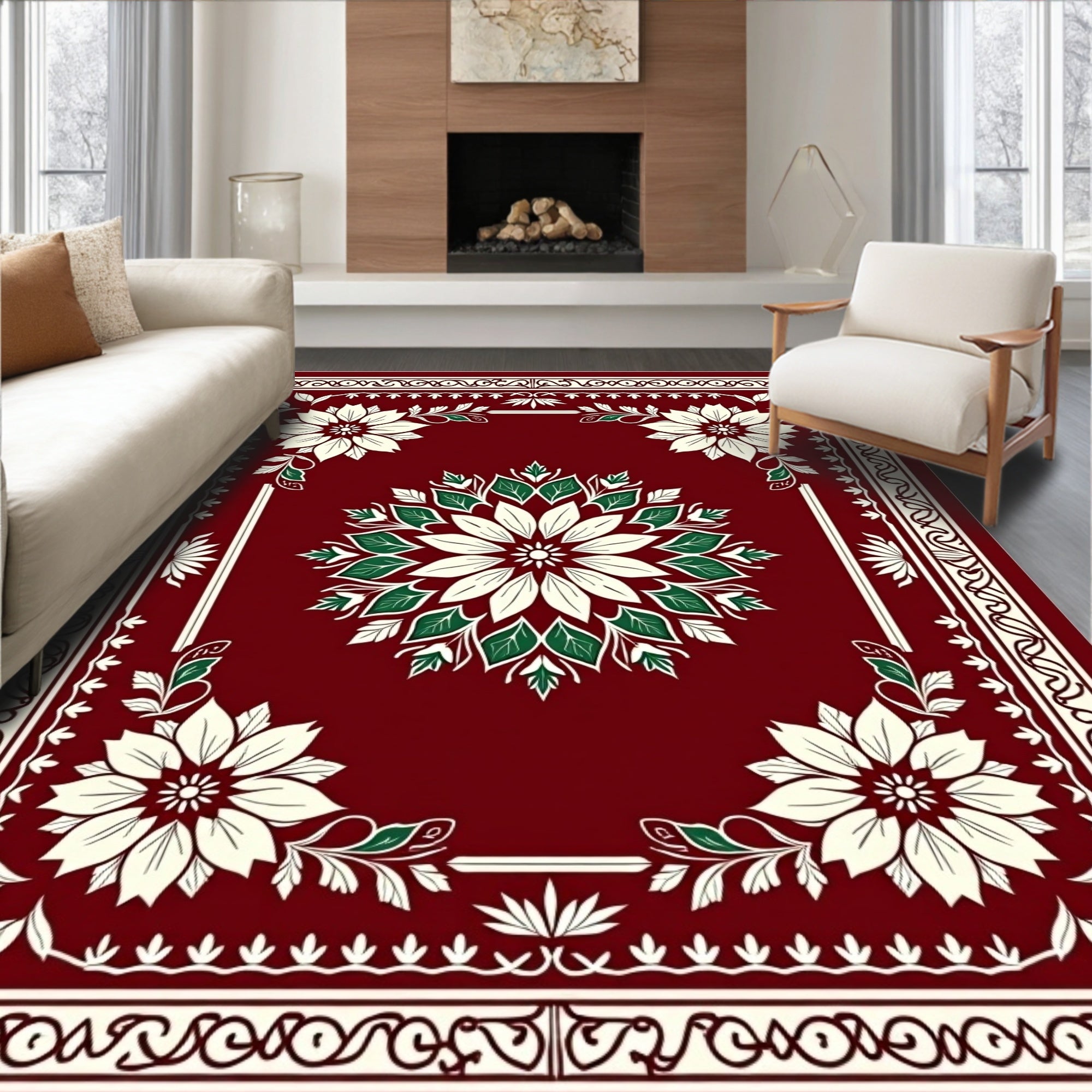 Deep Red Floral Medallion Scroll Rug