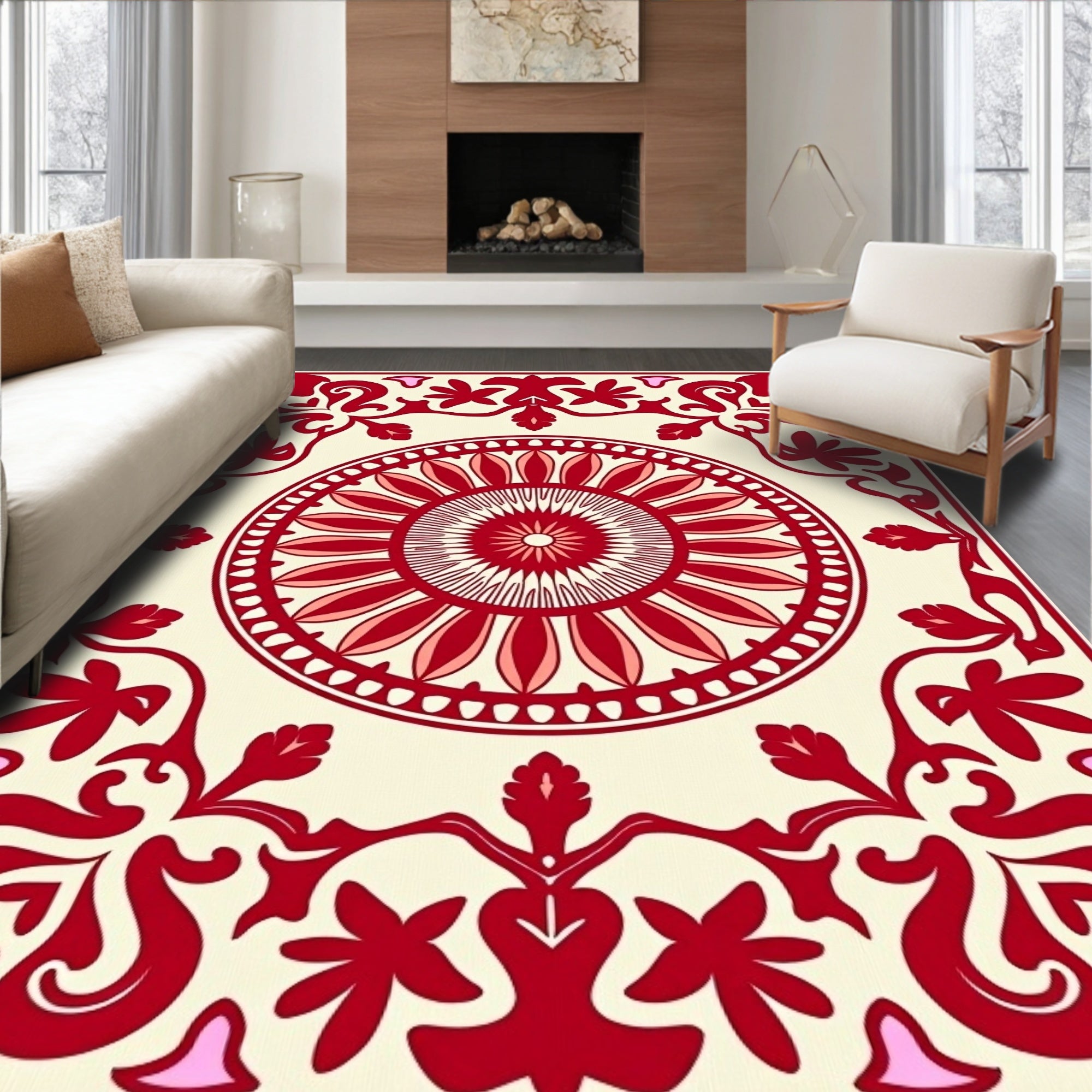 Crimson Floral Medallion Ivory Border Rug