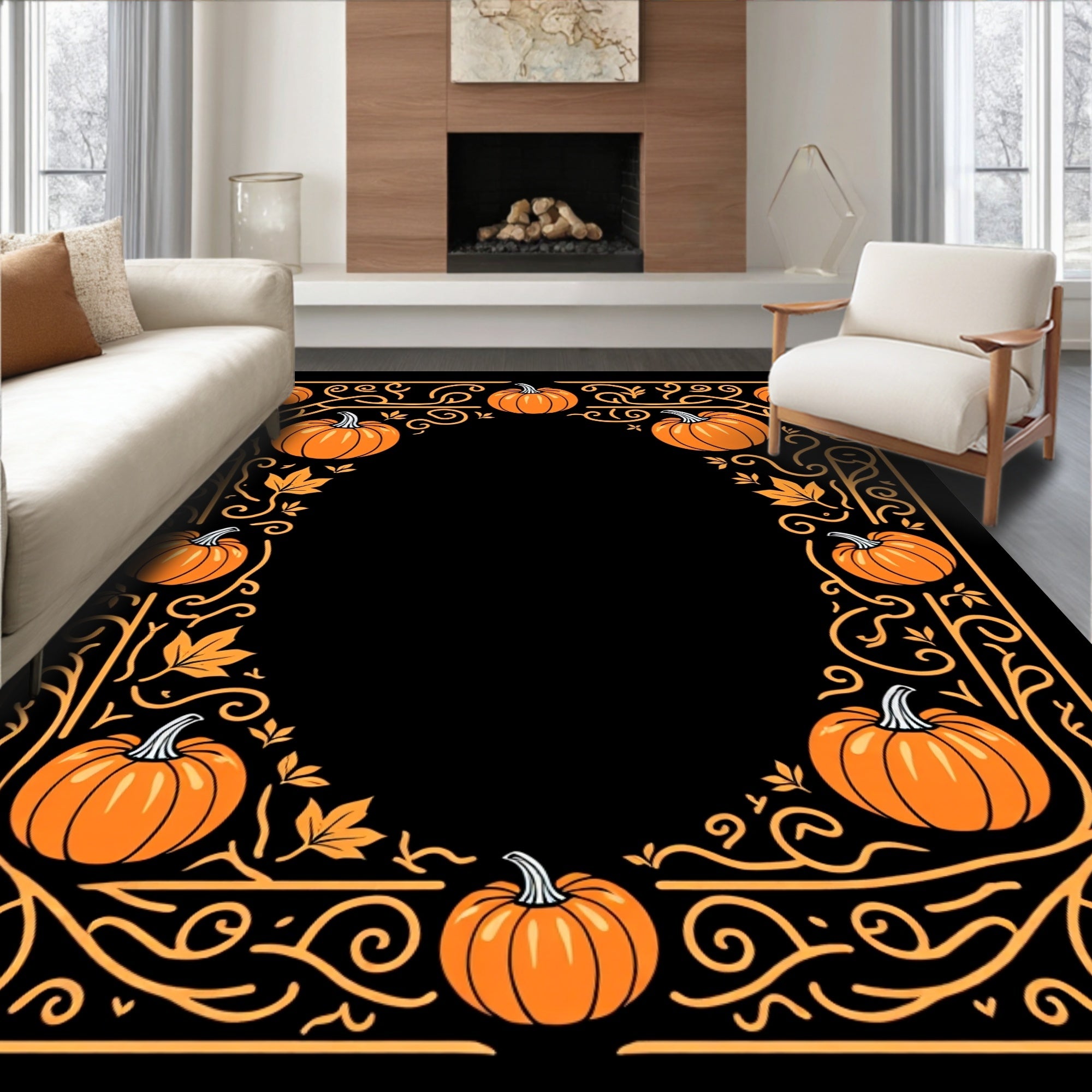 Autumn Orange Pumpkin Scroll Border Rug