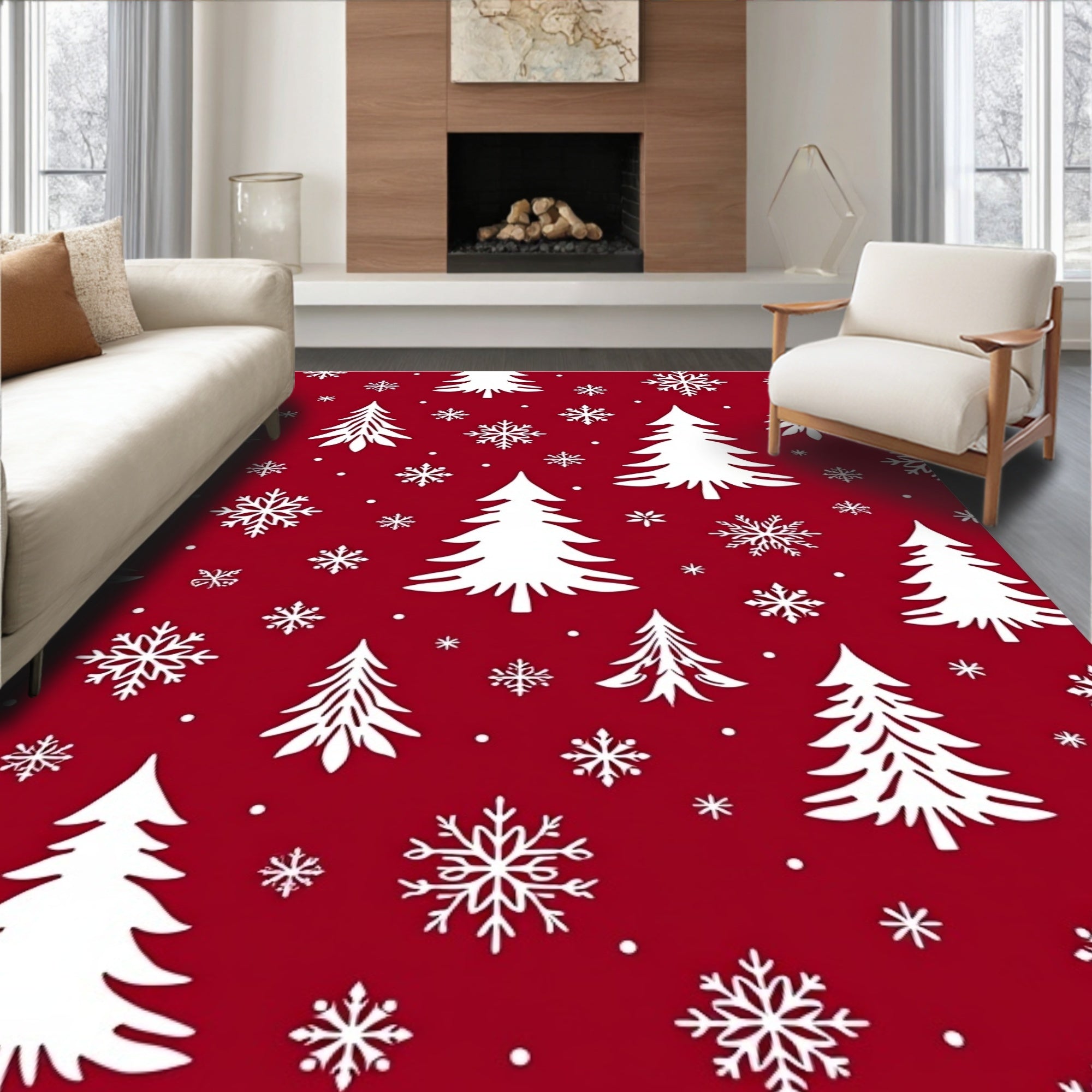 Classic Red Snowfall Tree Rug