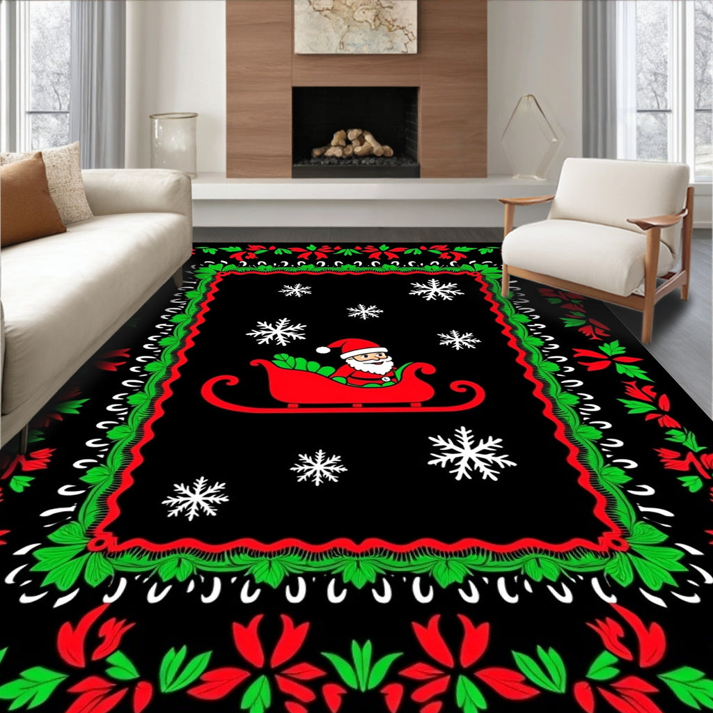 Christmas Santa Sleigh Snowflakes Border Rug