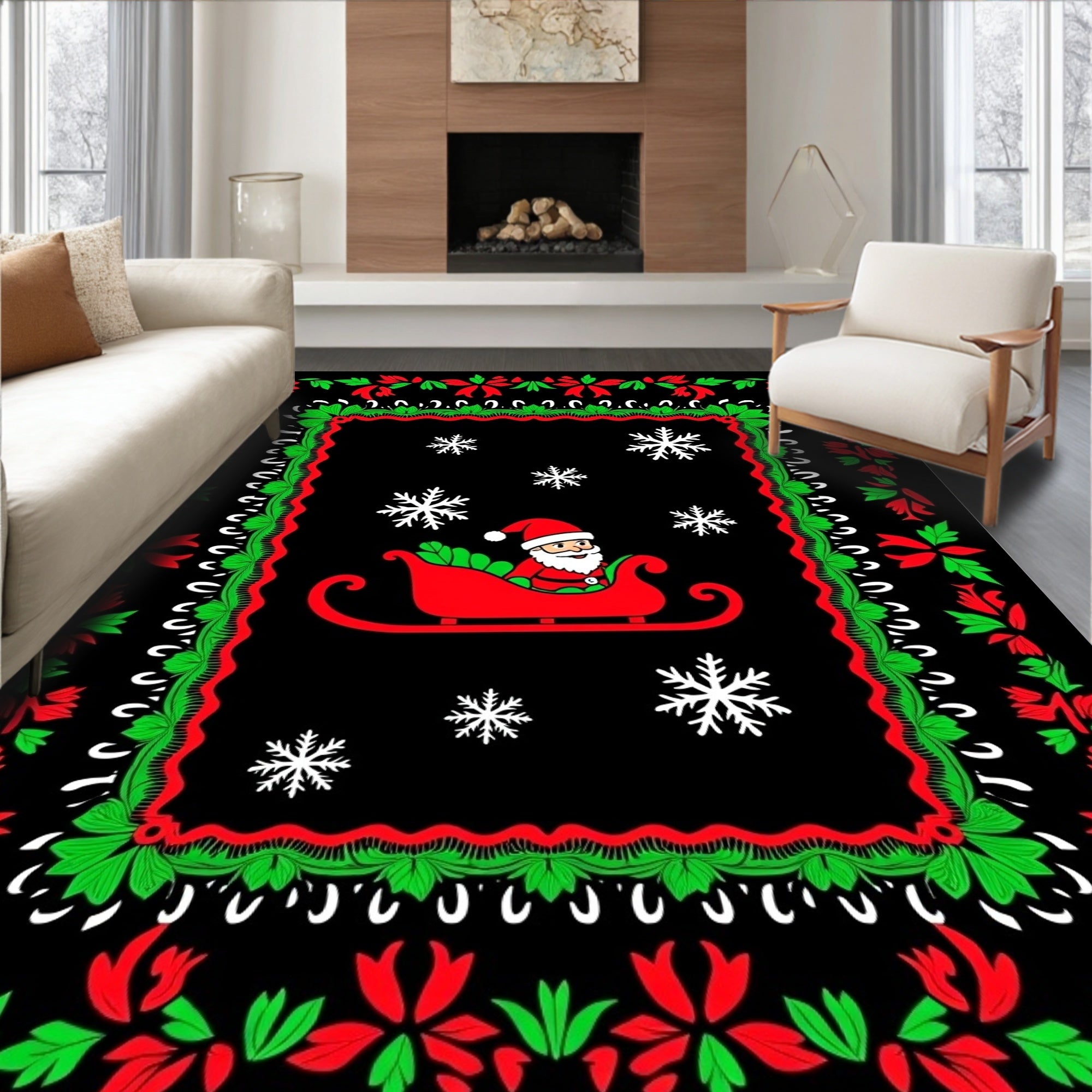 Christmas Santa Sleigh Snowflakes Border Rug