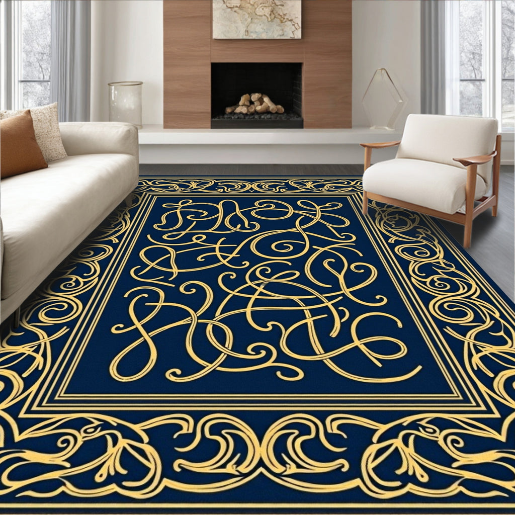 Navy Deep Gold Intricate Ornate Rug