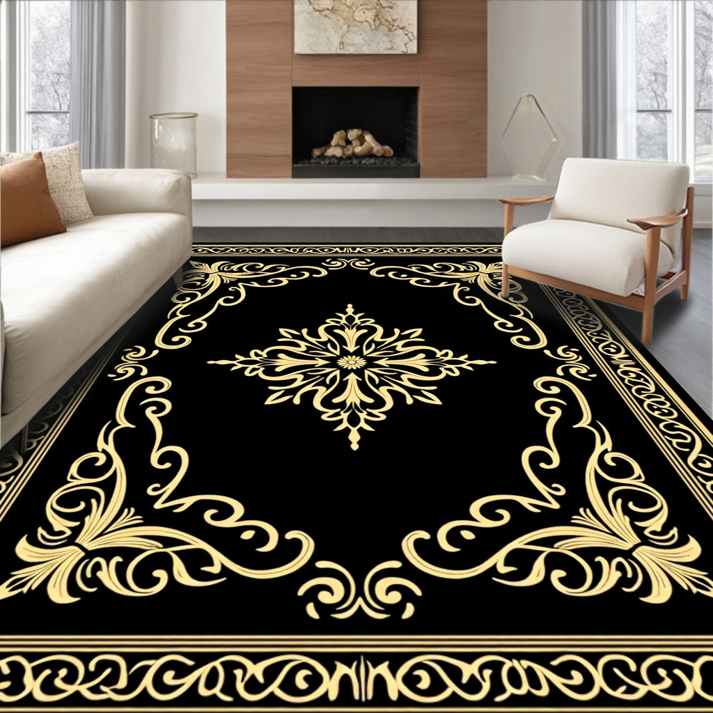 Black and Gold Filigree Ornamental Rug