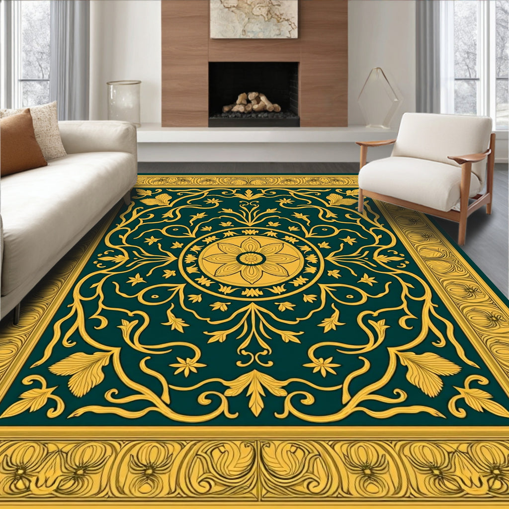 Emerald Gold Floral Medallion Framing Rug