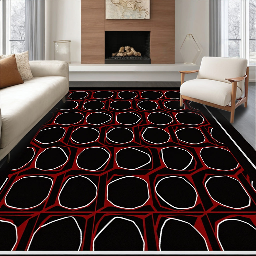 Modern Black Red Hexagonal Art Rug