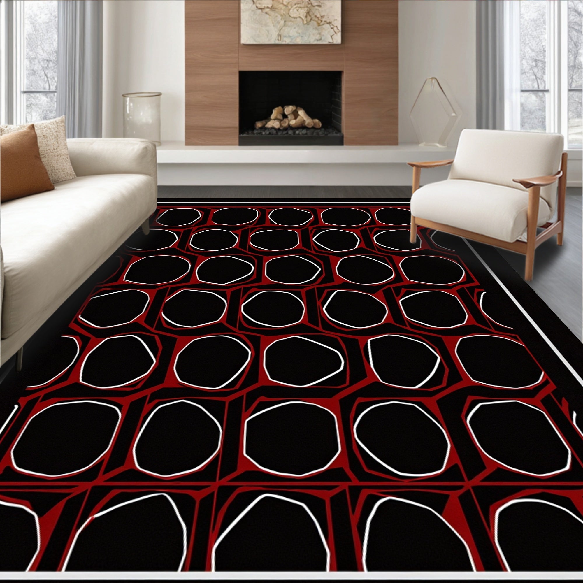 Modern Black Red Hexagonal Art Rug