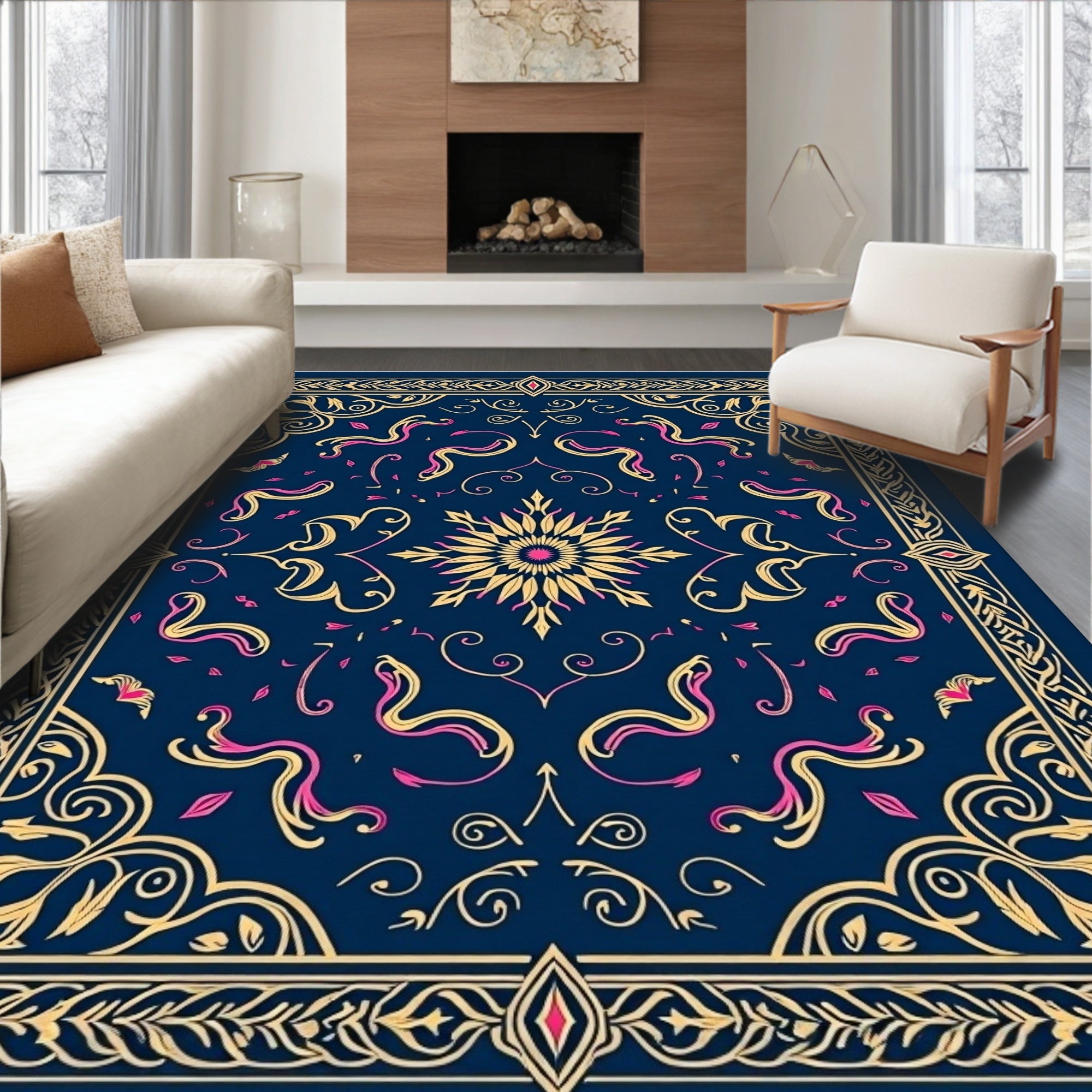 Navy Gold Pink Floral Medallion Accents Rug