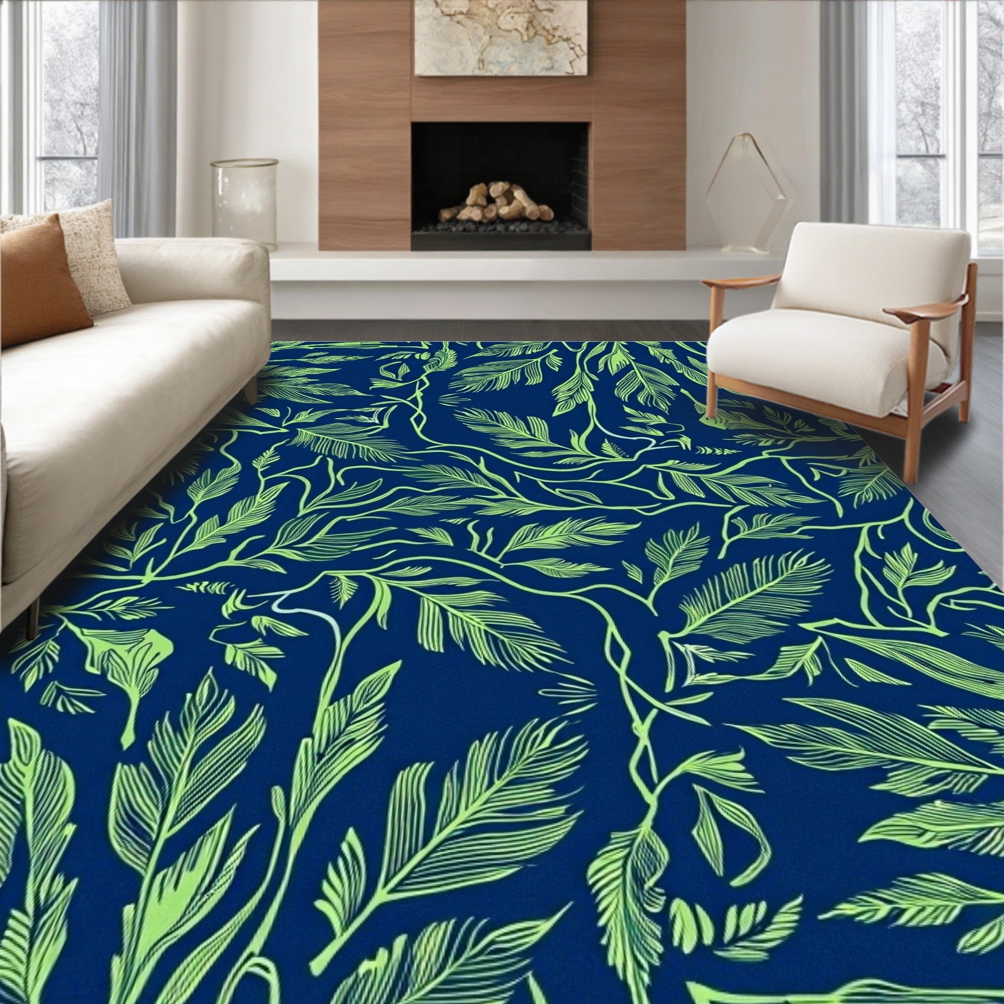Navy Lime Green Leafy Vine Mural Rug