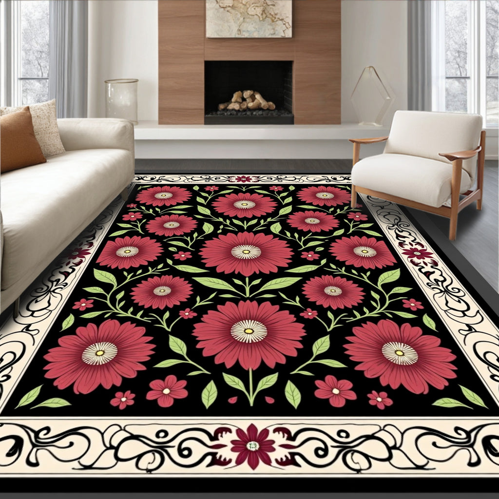 Crimson Dahlia Floral Garden Border Rug