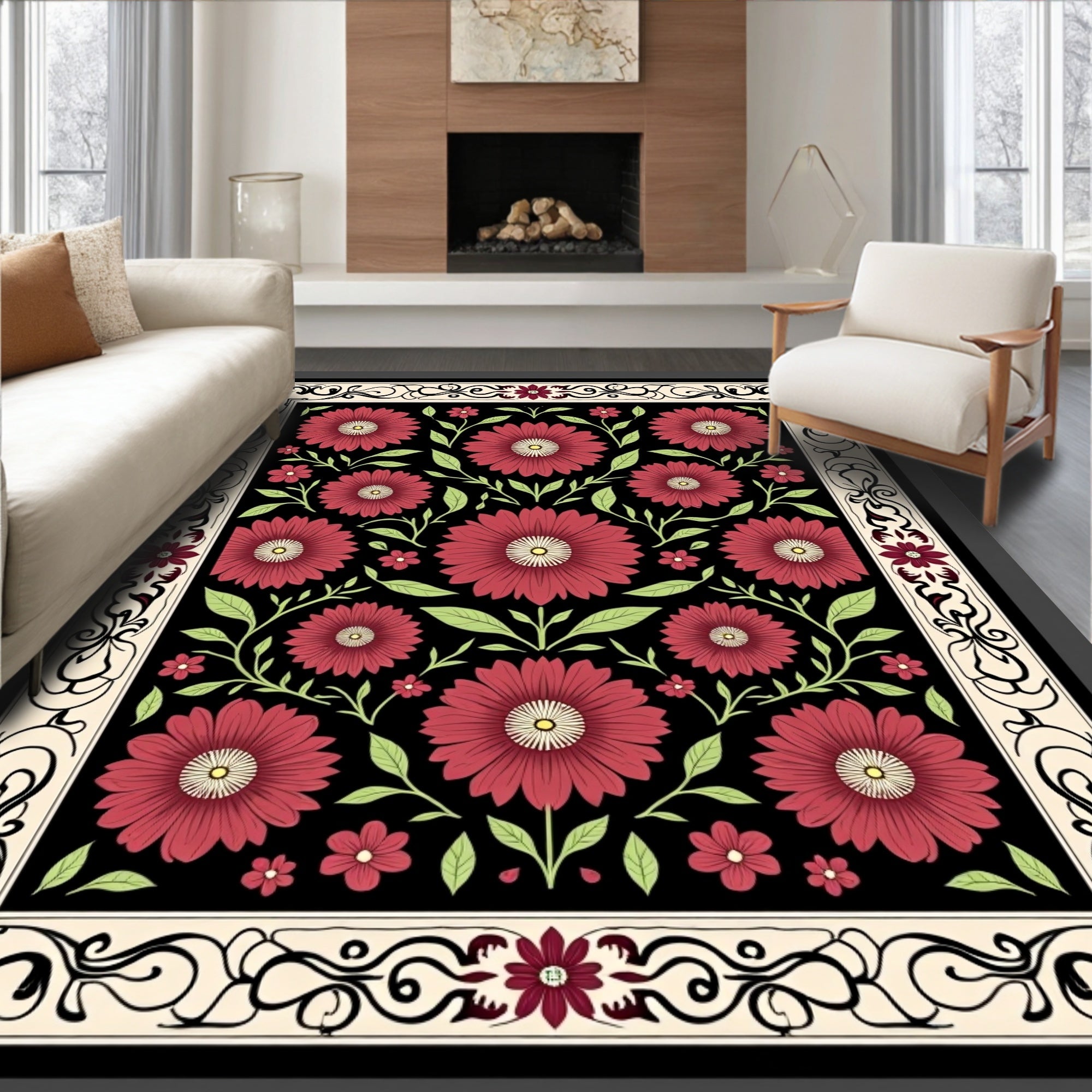 Crimson Dahlia Floral Garden Border Rug