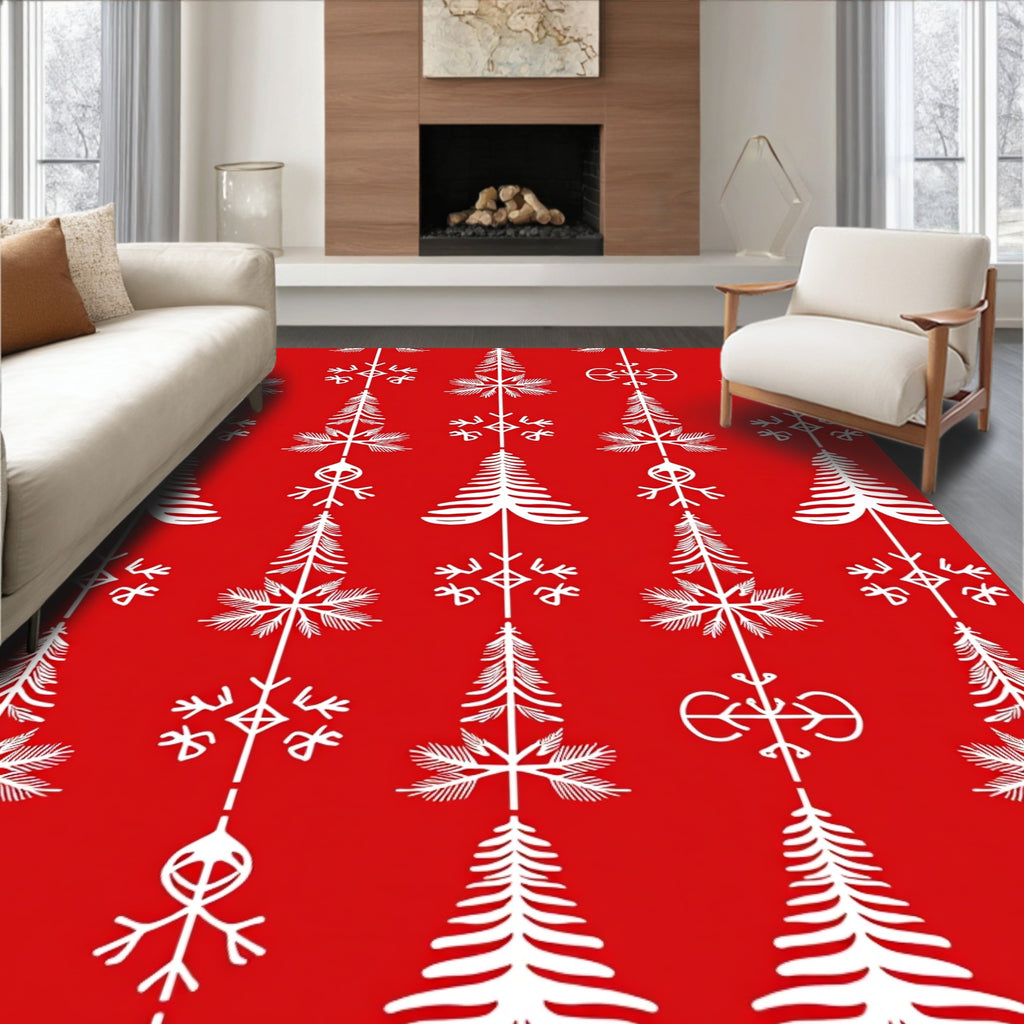 Red White Nordic Tree Snowflake Icon Rug