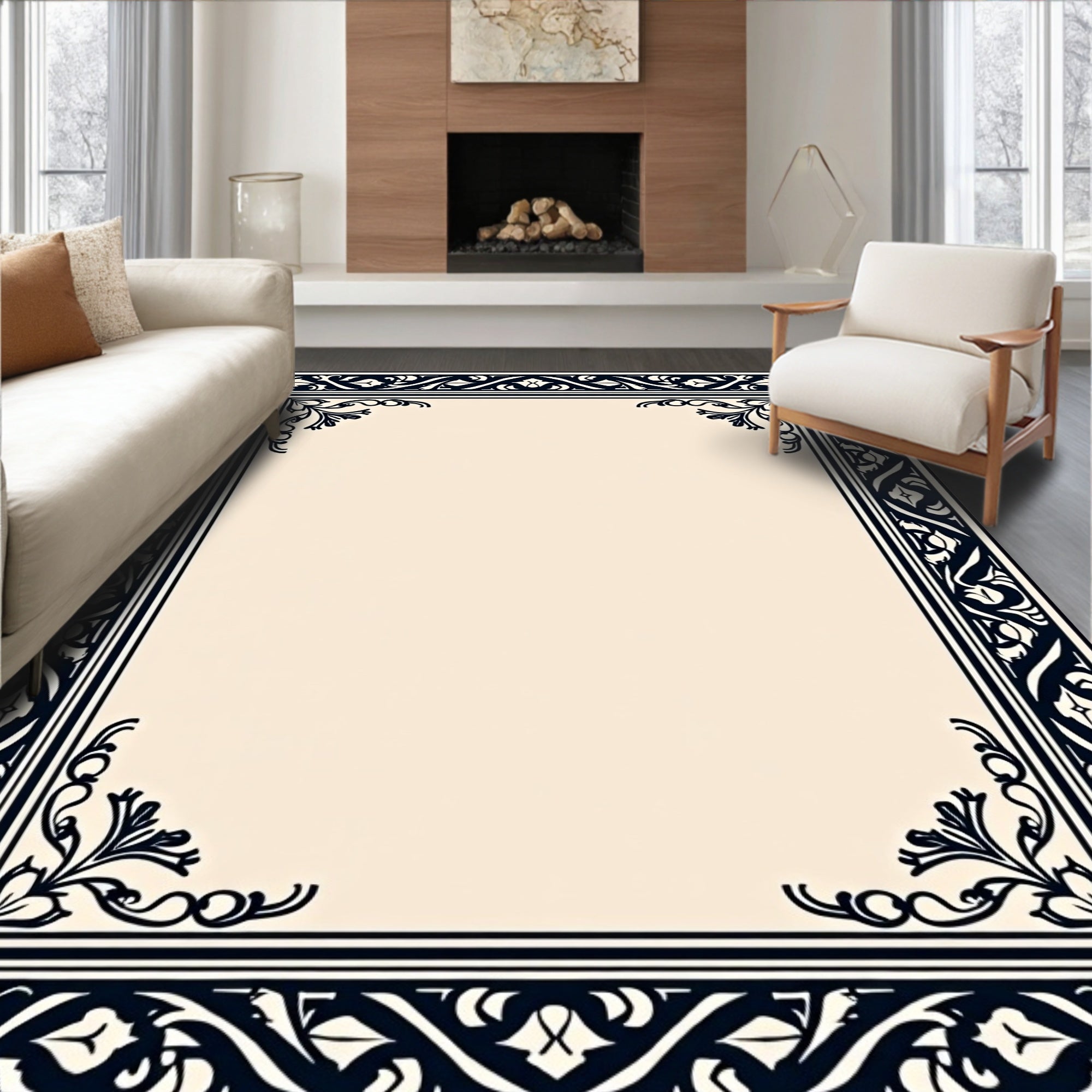 Ornate Navy Classic Floral Border Rug