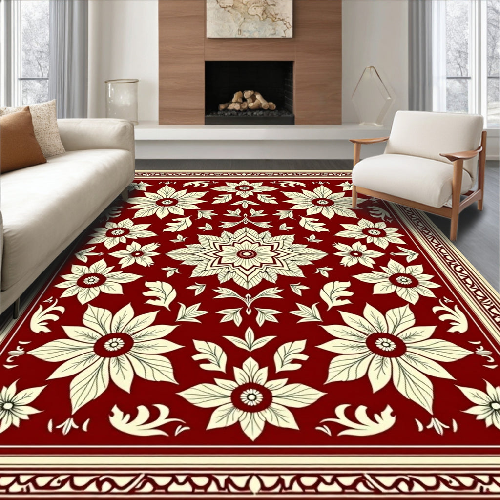 Ornate Floral Inlay Border Red Rug