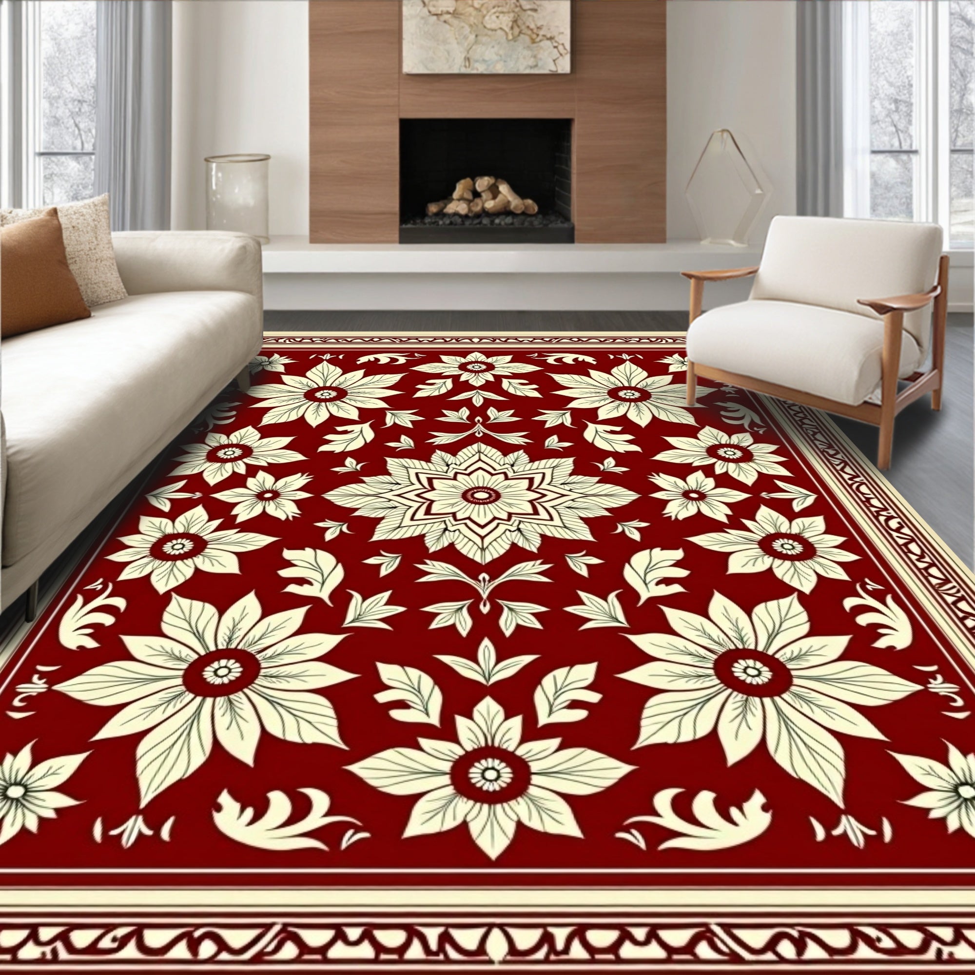 Ornate Floral Inlay Border Red Rug