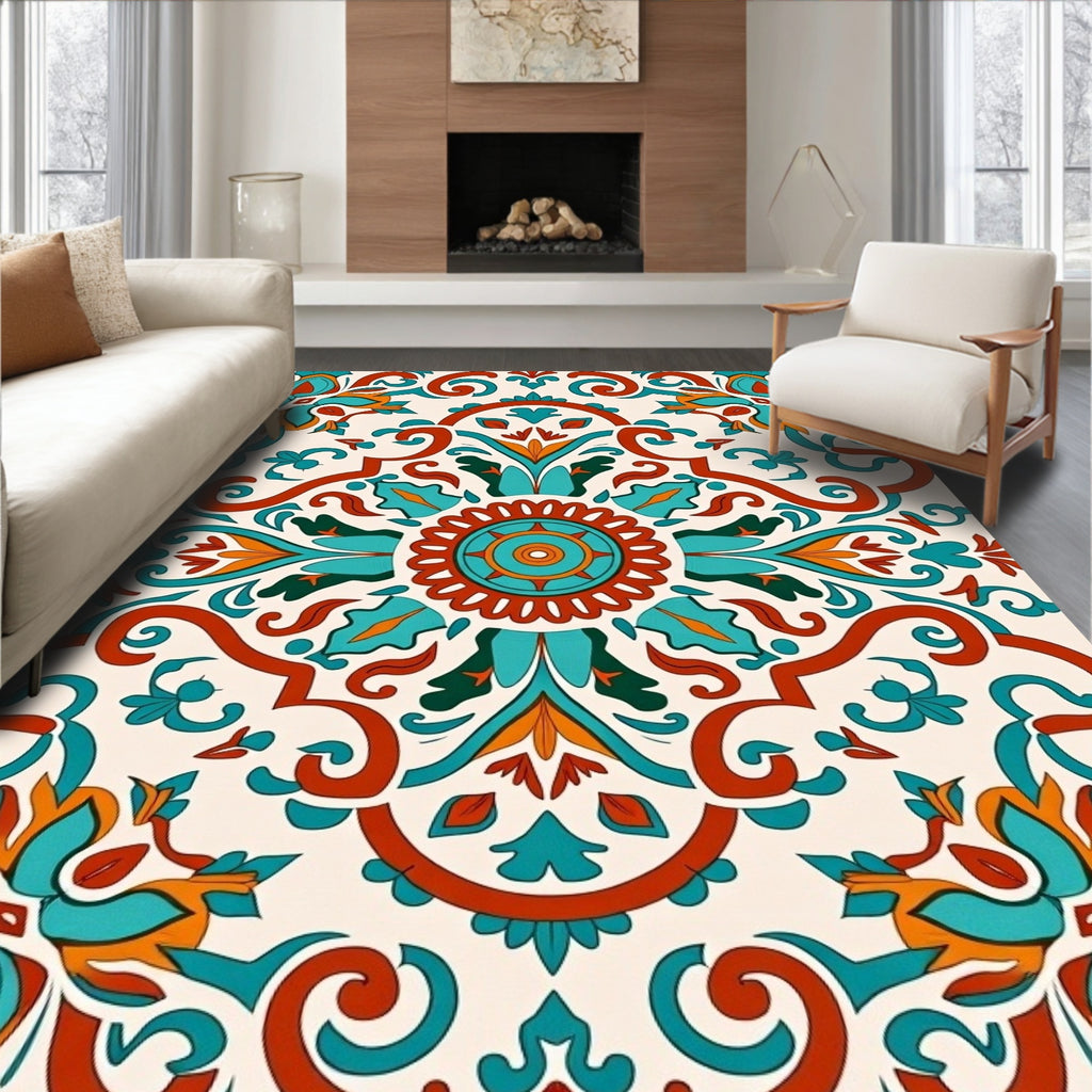 Turquoise Orange Indian Floral Mandala Rug